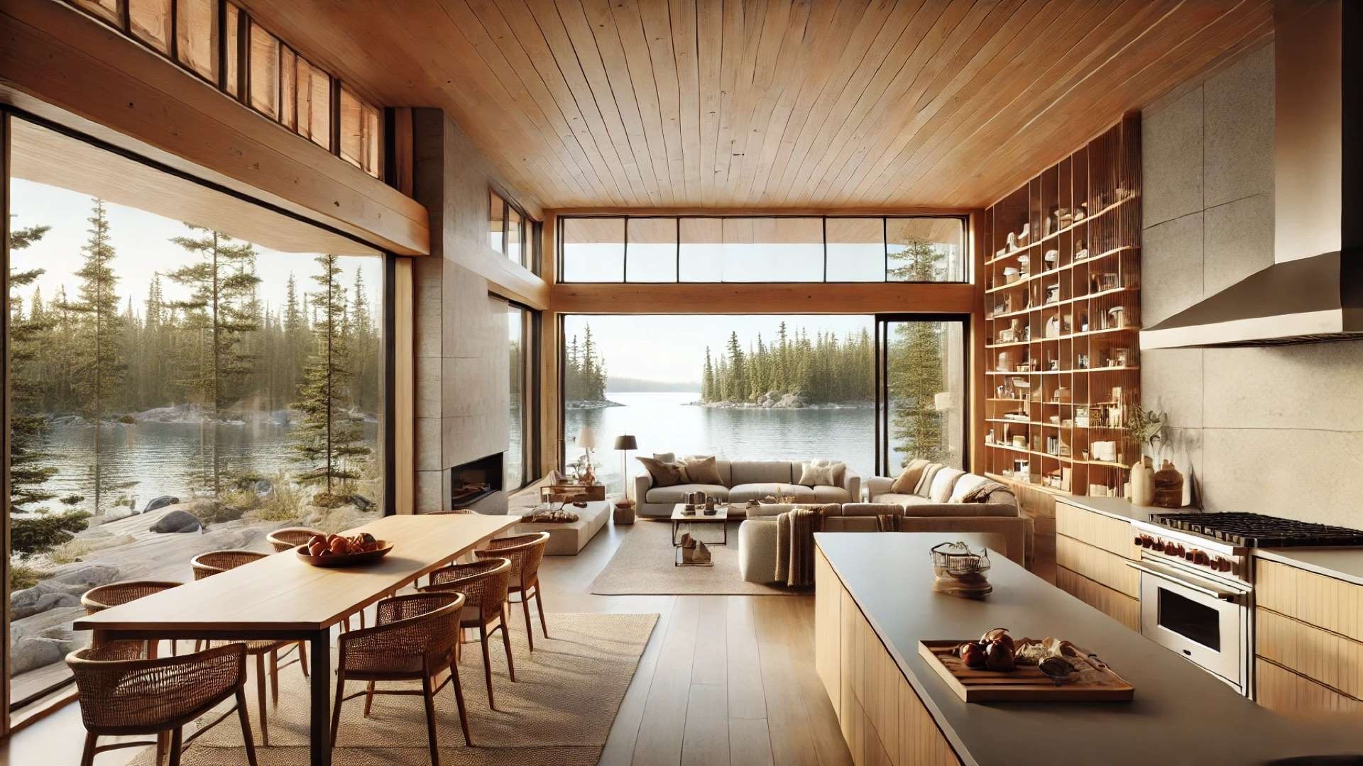 Warm, open-plan lakeside interior with wood ceilings, kitchen island, dining table, and cozy living area arranged toward a large window framing a calm lake and pine forest.