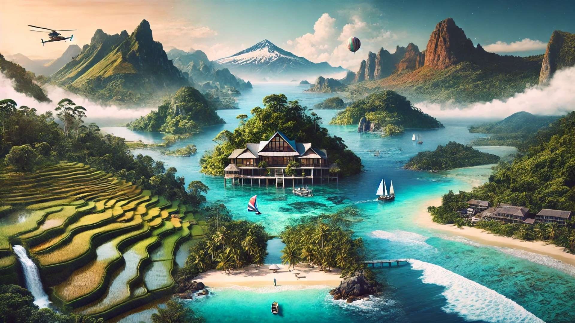 capturing the spirit of regenerative travel, blending pristine global destinations into one serene, sustainable composition that evokes harmony between humanity and nature