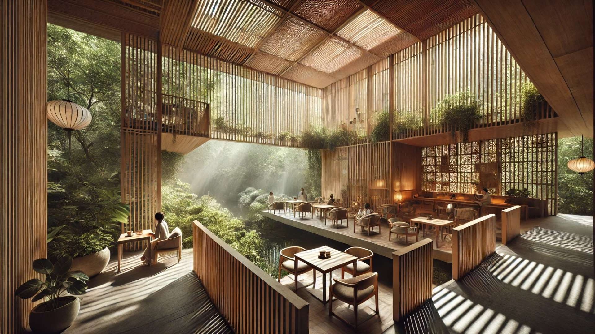 Multi-level wooden café with bamboo screens and open terraces overlooking dense greenery, soft natural light filtering through overhead slats, and intimate seating areas arranged around a tranquil central space.