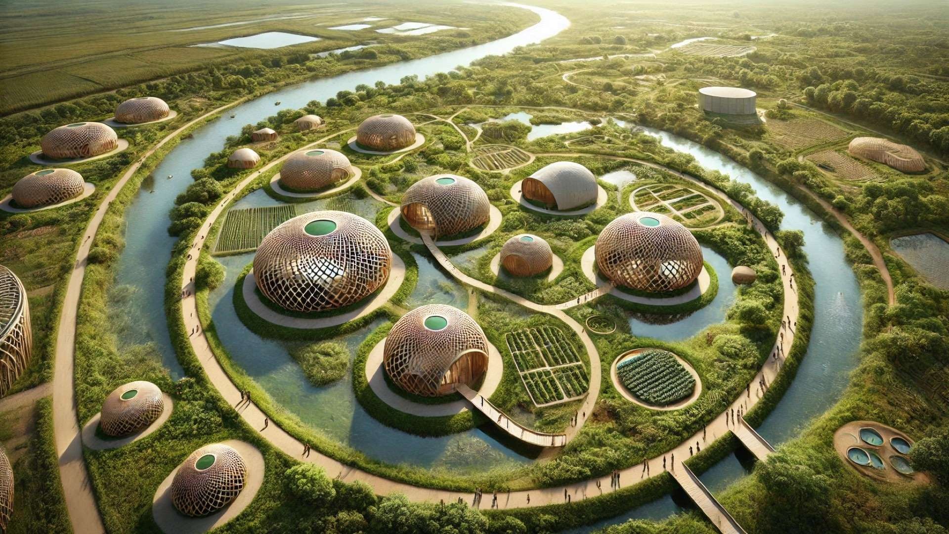 Aerial view of an ecological riverside park with bamboo-woven dome pavilions arranged in circular patterns, surrounded by wetlands, gardens, and walking paths.