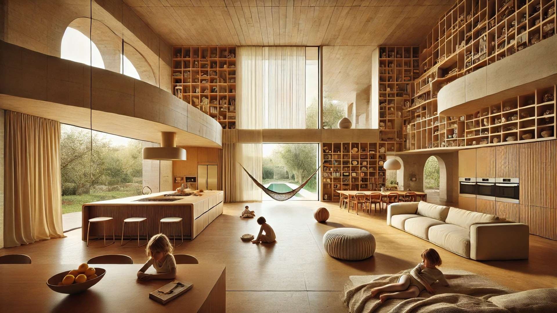 Playful Italian modernist family home with soaring bookshelves, open kitchen and living spaces, suspended reading hammock, and warm sunlight pouring through garden-facing windows.