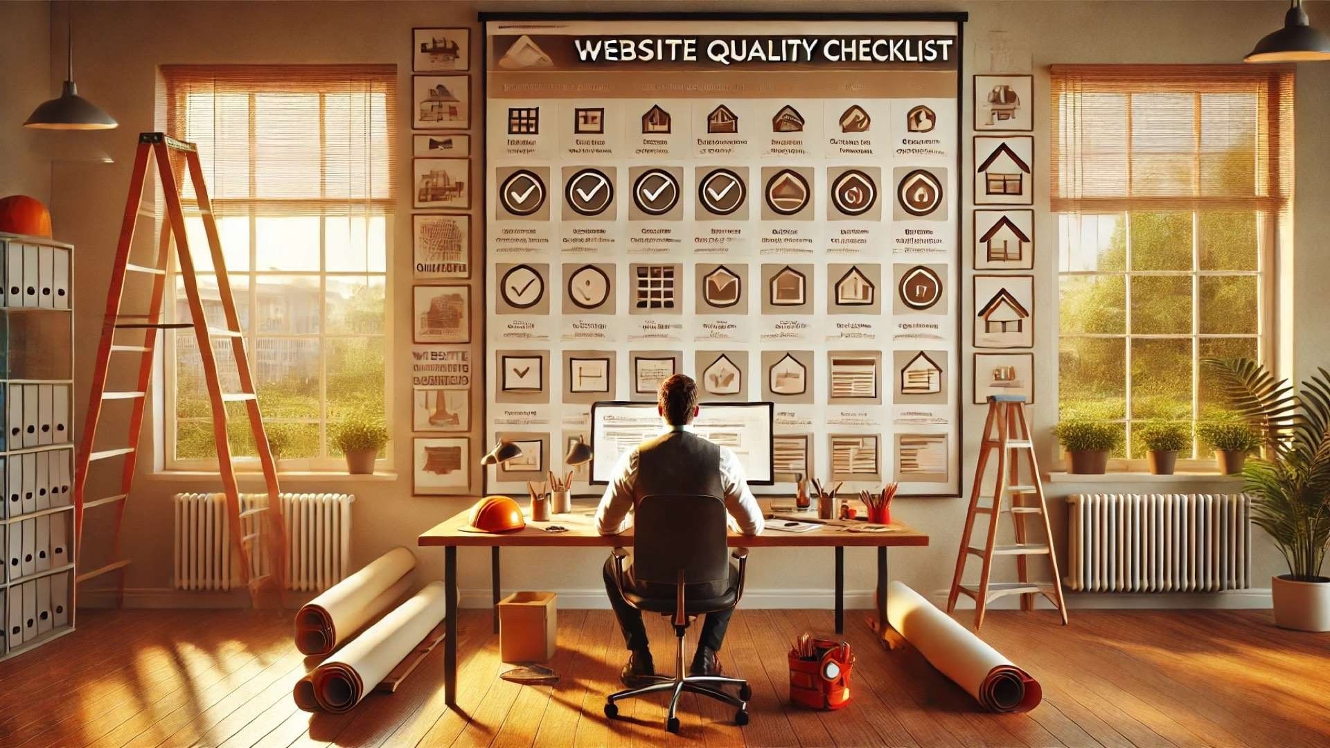 Roofing company owner reviewing a large website quality checklist with icons and check marks in a bright contractor office.