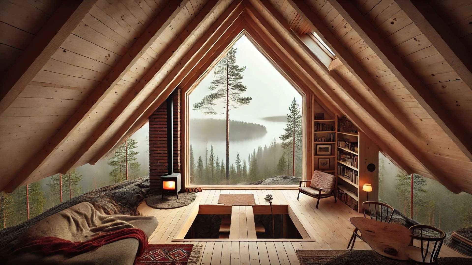 Cozy Nordic cabin interior with a sloped timber ceiling, red brick fireplace, and large gable window overlooking a steep rocky hillside descending to a misty lake below.