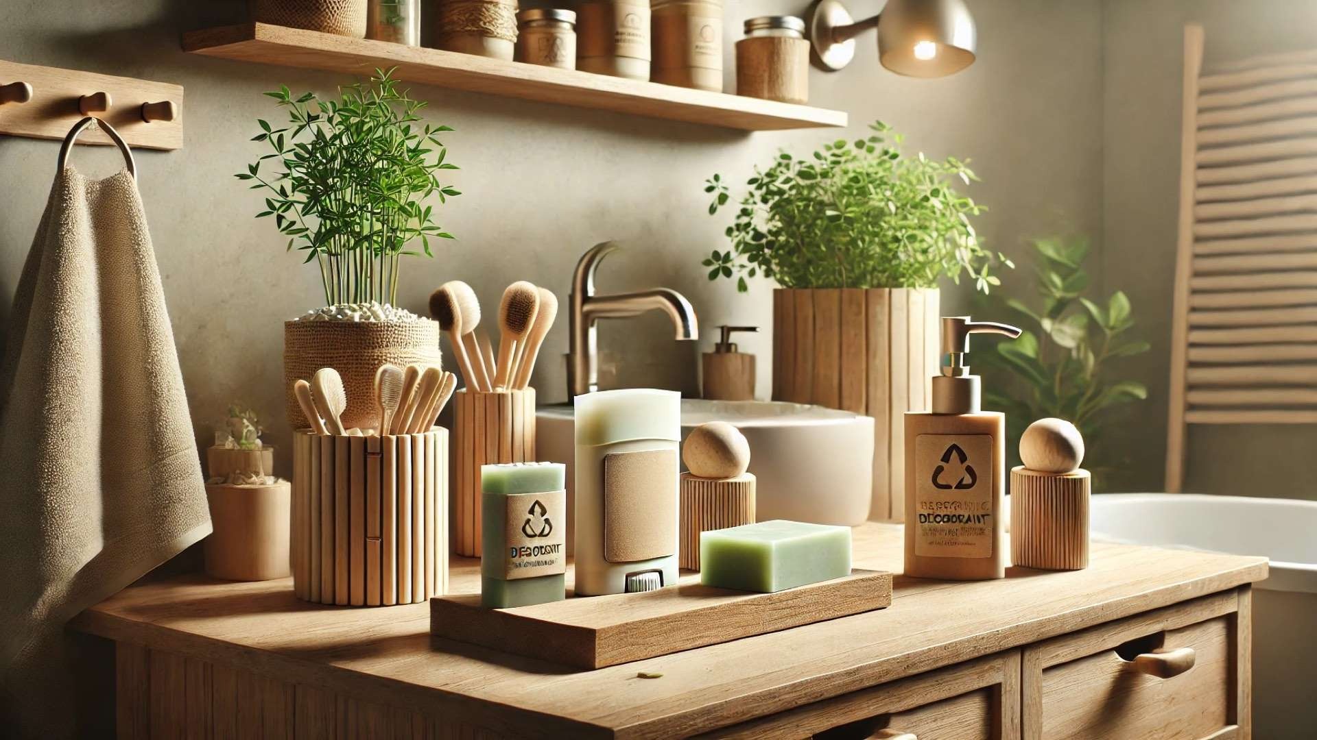 eco-conscious bathroom scene showcasing natural, plastic-free deodorants in sustainable packaging