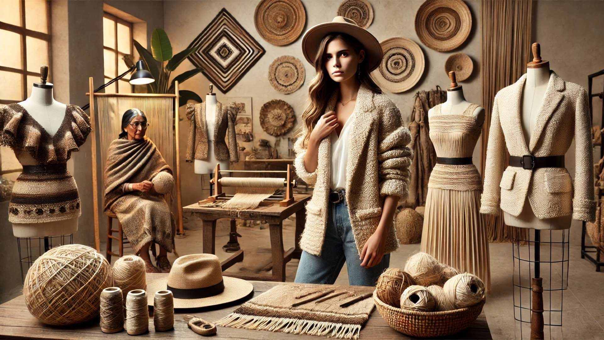 Martina Troya's TOCAS brand—depicting a creative studio where Ecuadorian tradition and sustainable fashion innovation coexist