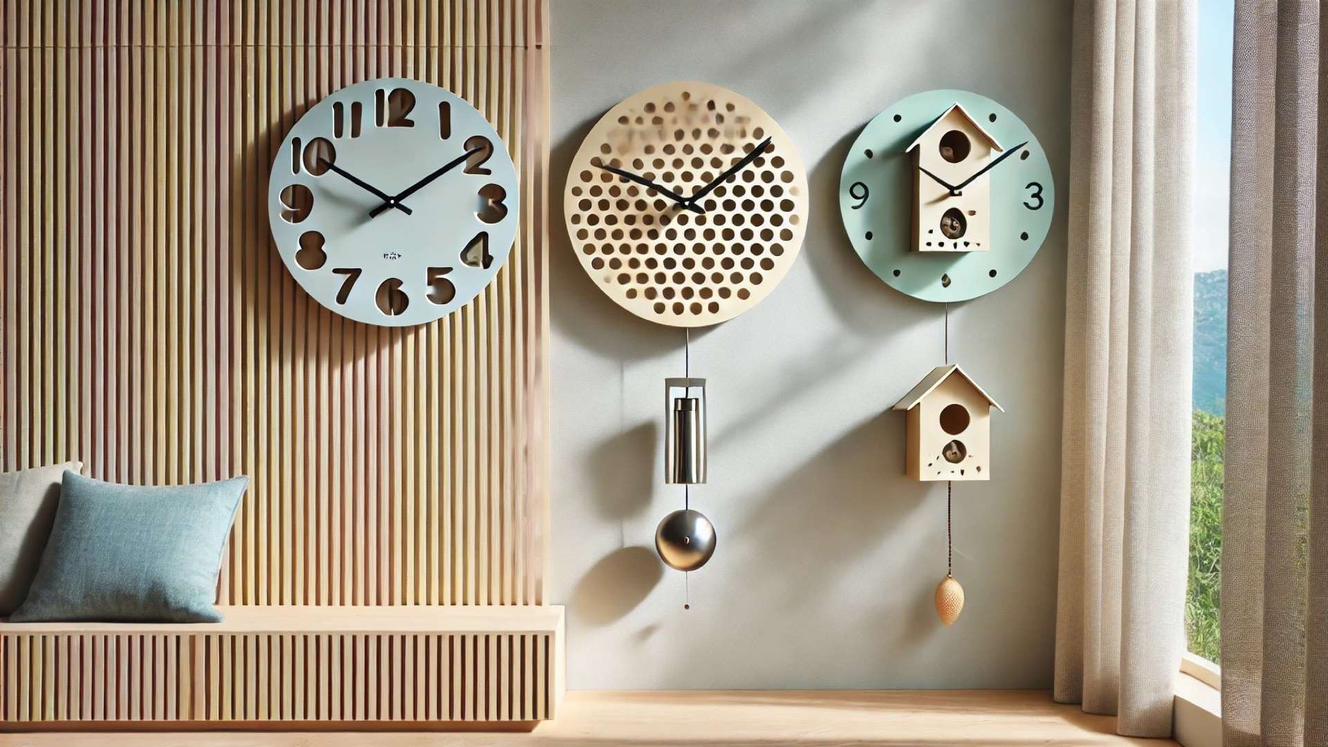 Three modern perforated metal wall clocks in pastel tones mounted on a minimalist wall, with visible pendulum and cuckoo mechanisms revealed through geometric cutouts.
