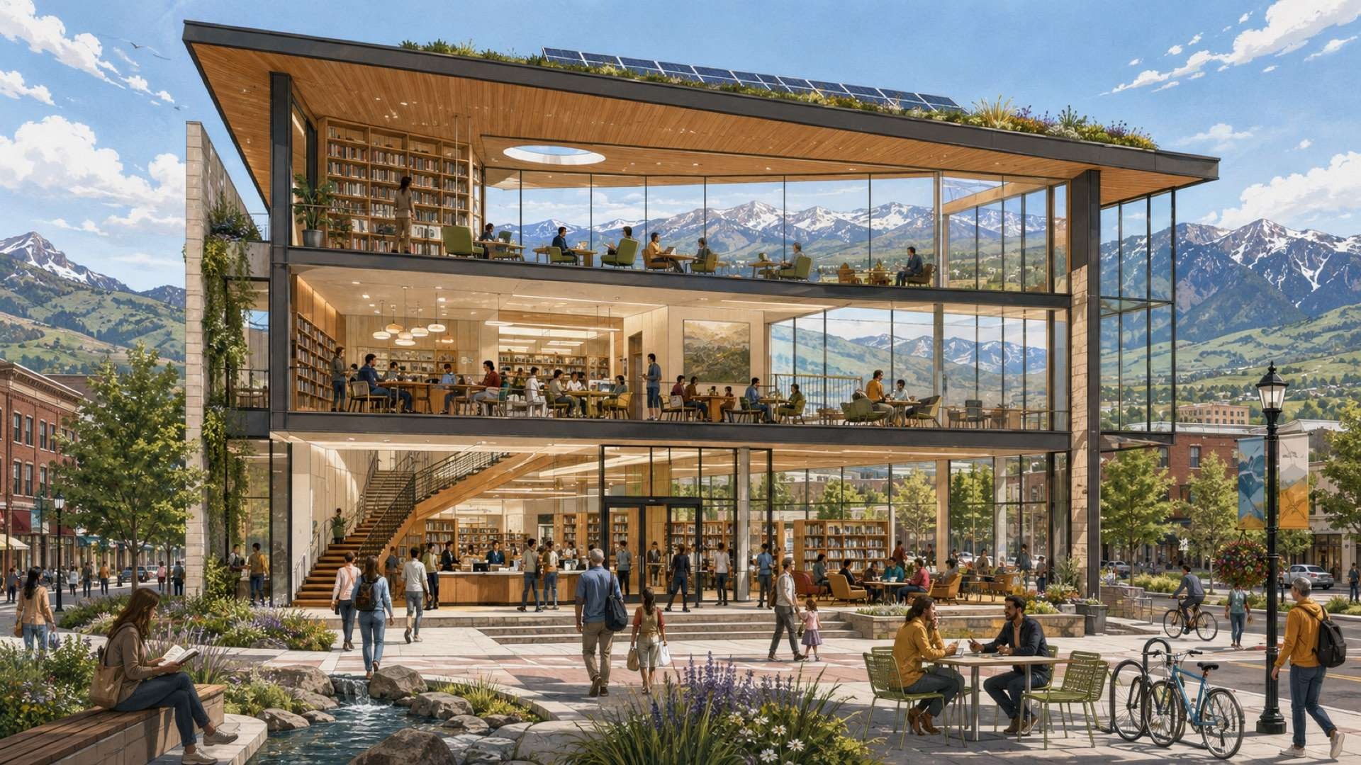 A modern three-story library with expansive glass walls opens onto a lively public plaza, revealing busy reading and community spaces inside, with sweeping views of Cache Valley and snow-capped mountains beyond.