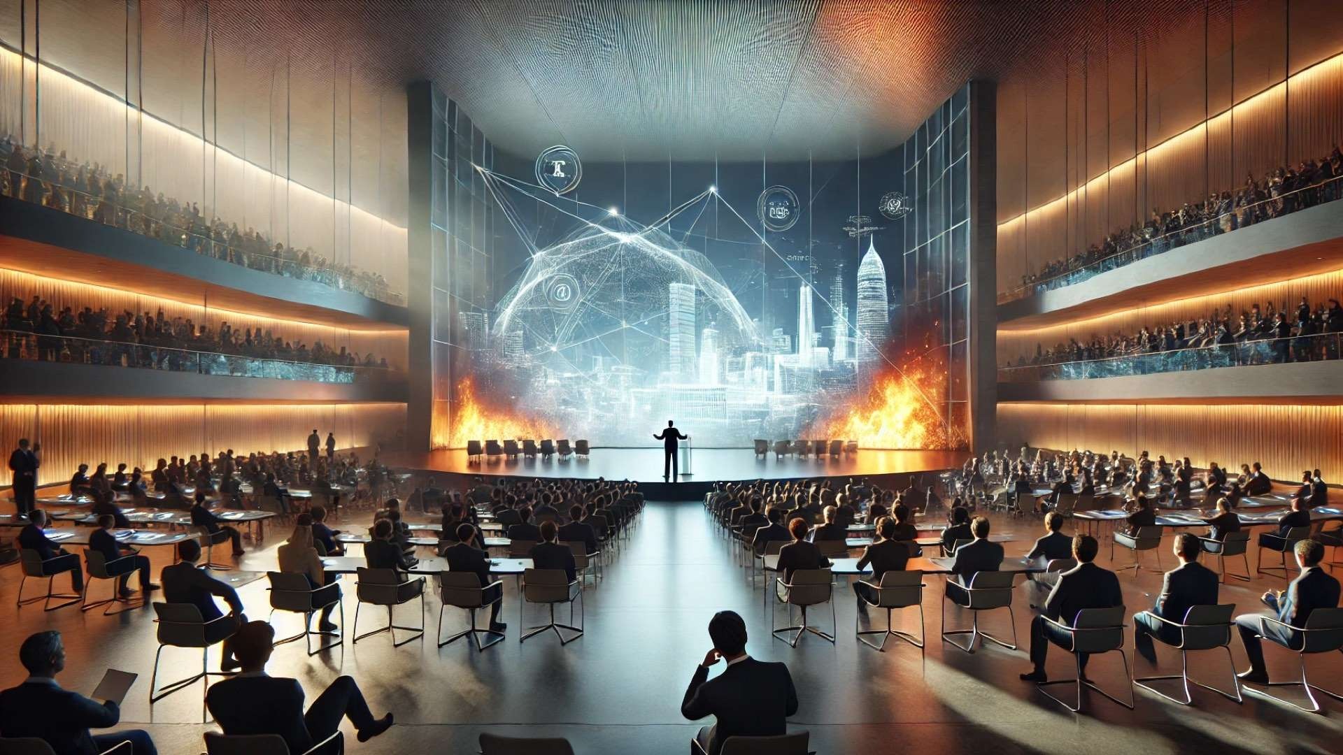 Modern sustainability summit in a glass-walled Washington D.C. auditorium where industry leaders gather around collaborative tables beneath a digital infrastructure display.