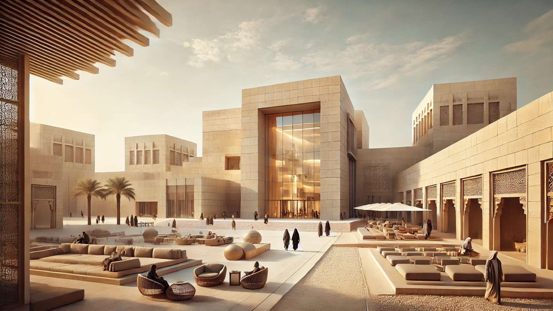Contemporary desert museum campus in Doha with sand-colored stone buildings, shaded courtyards, and visitors gathering around a luminous glass entrance.