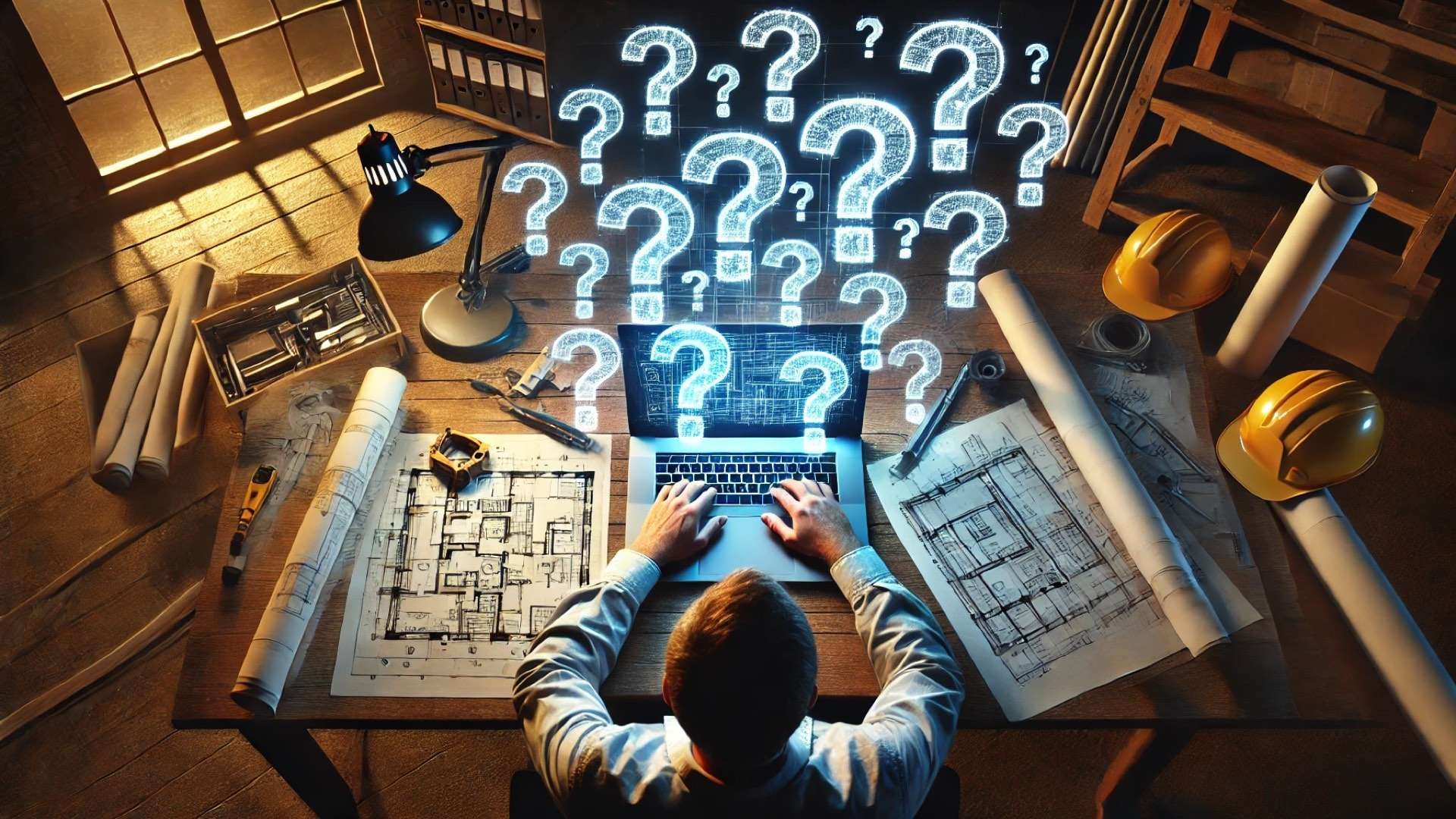 Laptop on a desk with glowing floating question icons above it, representing the common questions roofers ask about Angi and HomeAdvisor roofing leads.