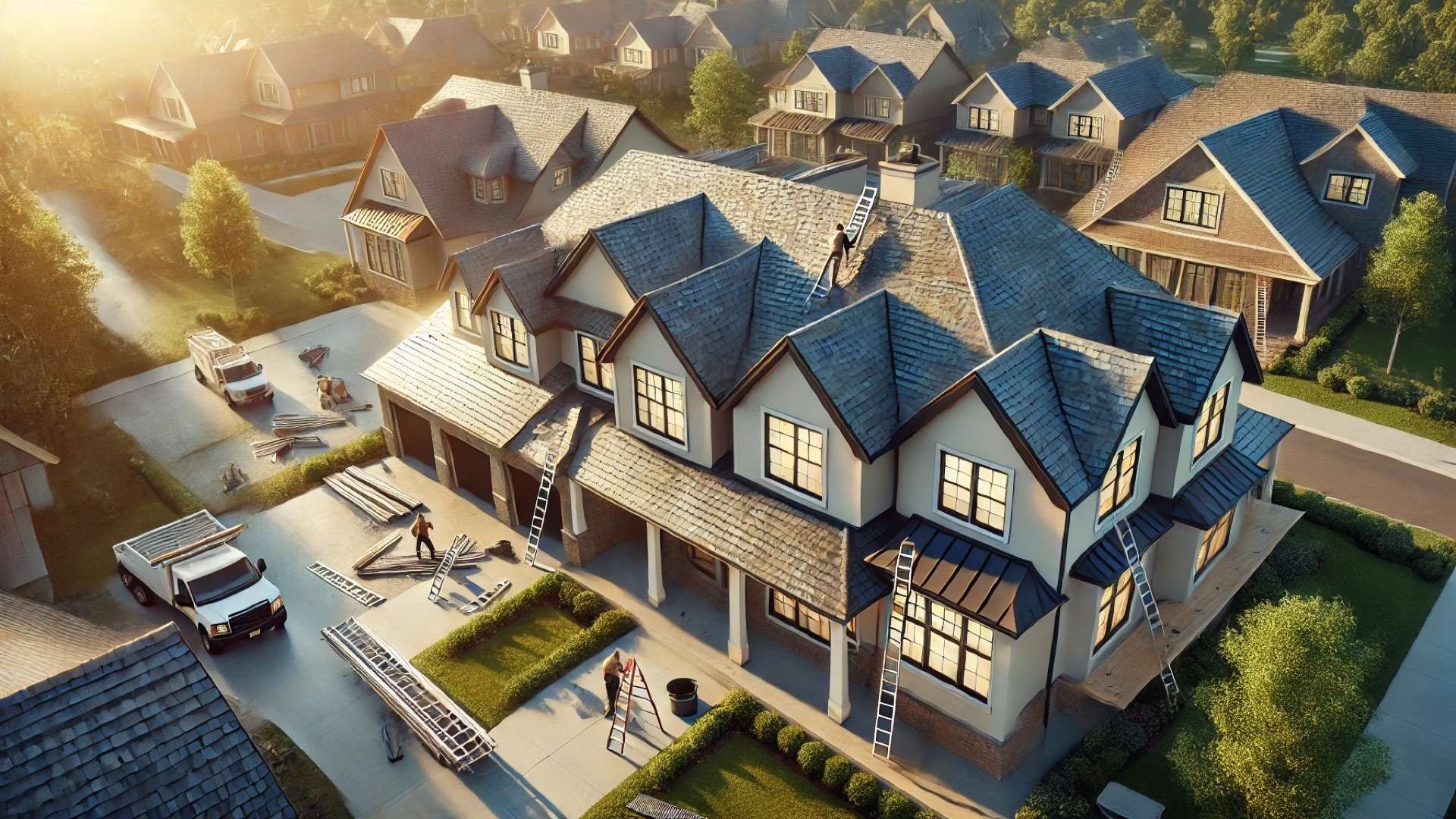 Aerial view of an upscale residential neighborhood with a prominent house featuring layered asphalt composition shingles in varied textures and tones, surrounded by roofing crews and construction equipment.