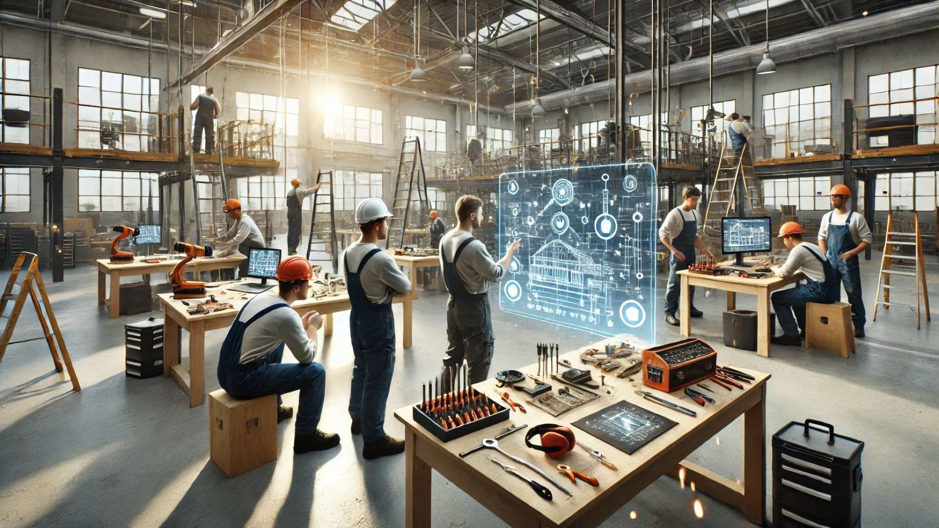 Skilled trades training workshop where workers practice construction and electrical skills with tools and safety gear while using futuristic AI holographic diagrams for guidance.