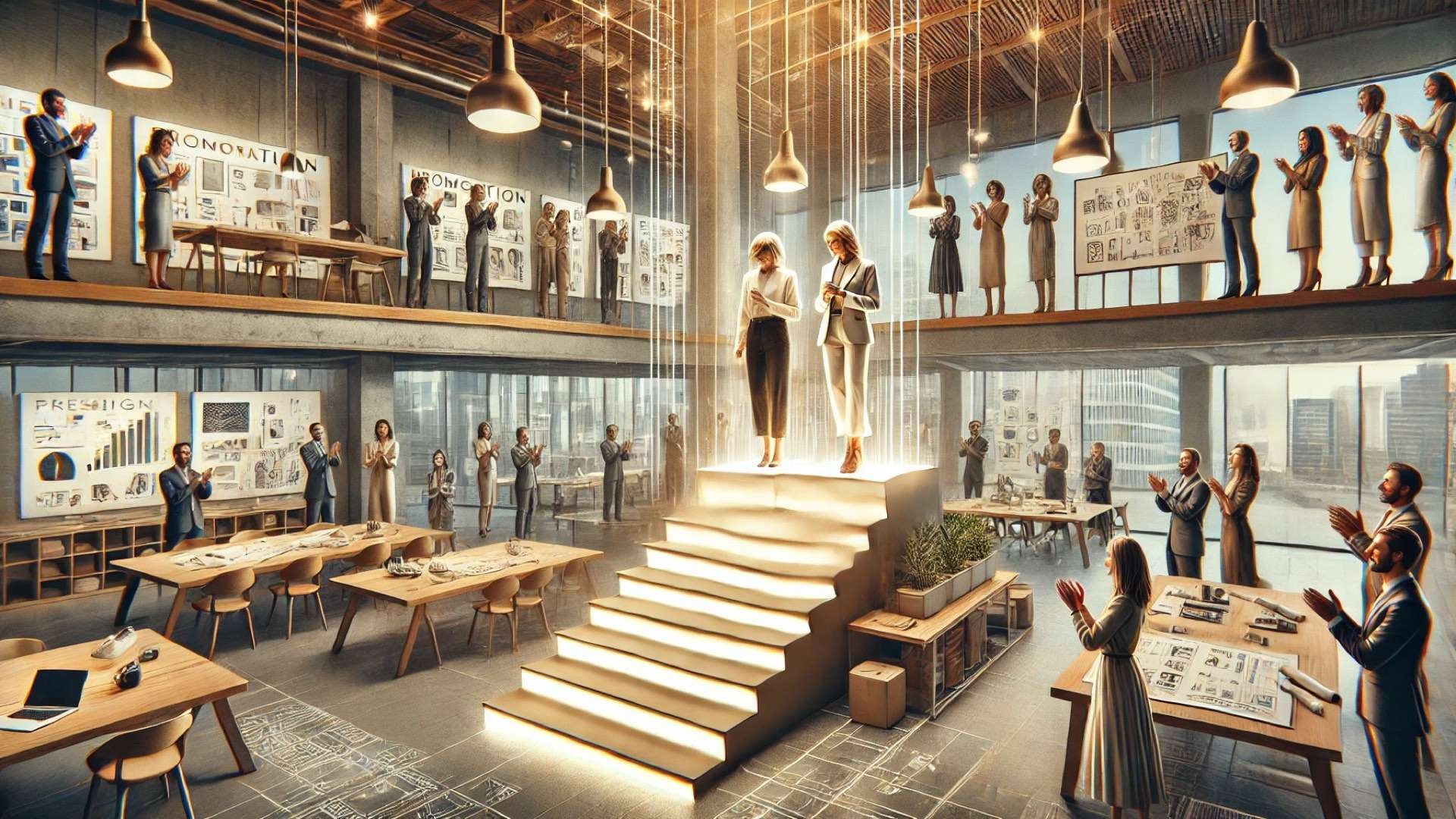 symbolizing the promotion of Cameron Burger and Caroline Fields within a vibrant, forward-thinking design studio