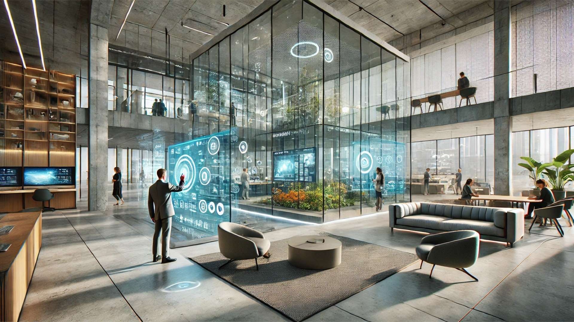 futuristic hybrid space where physical architecture merges seamlessly with digital technology