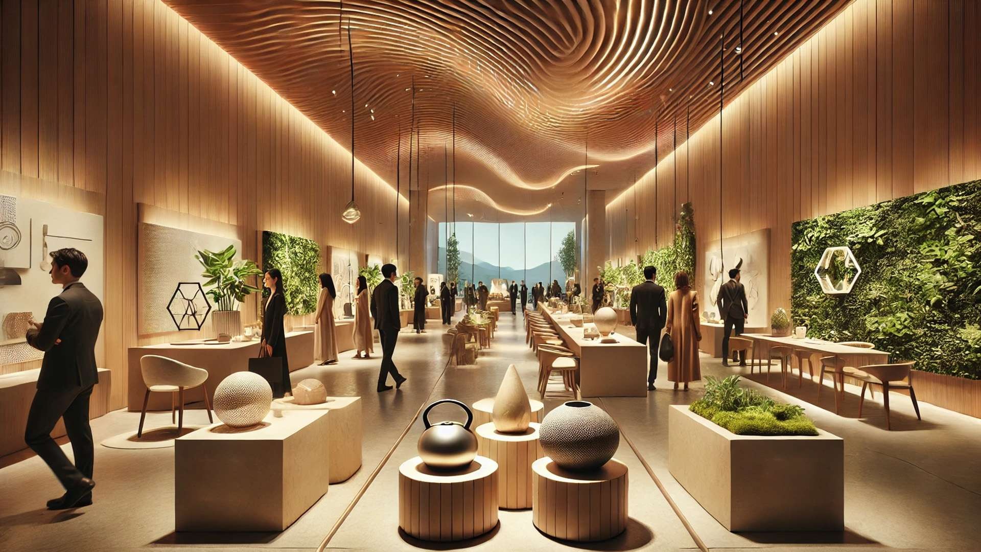 Elegant contemporary sustainability exhibition featuring organic wood interiors, sculptural display plinths, living green walls, designer furnishings, and attendees viewing eco-conscious product concepts under warm ambient lighting.