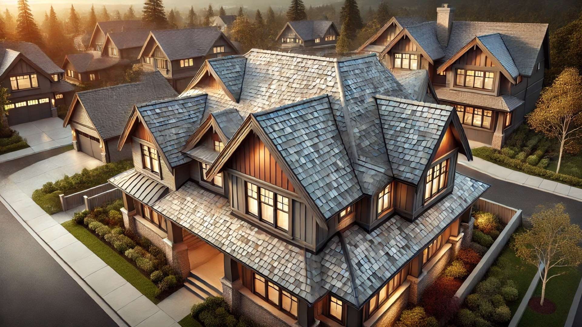 Upscale home with a multi-textured composite shingle roof resembling slate and cedar, set in a landscaped neighborhood with warm lighting.