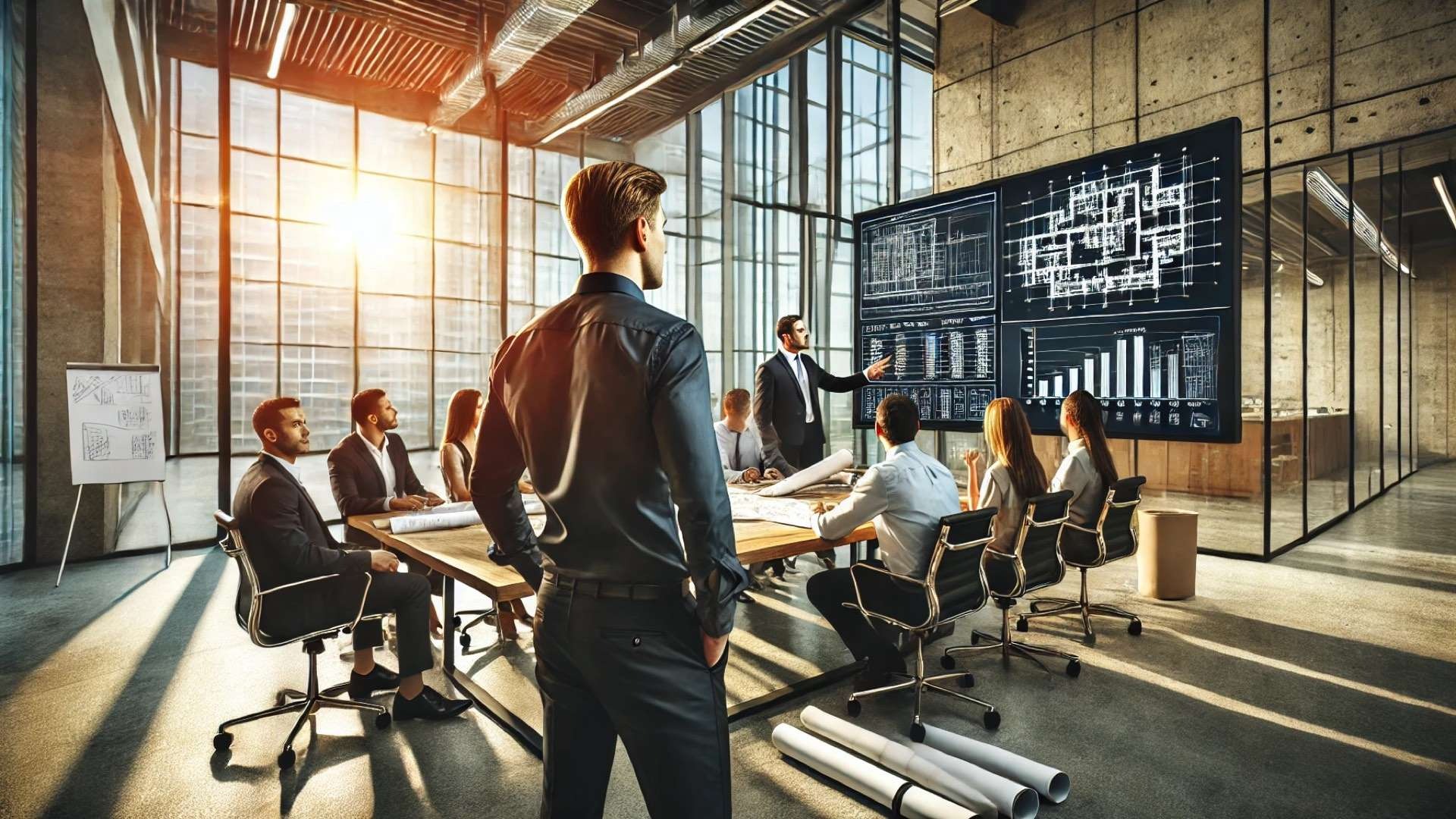 project management scene emphasizing leadership and project planning in a professional construction setting