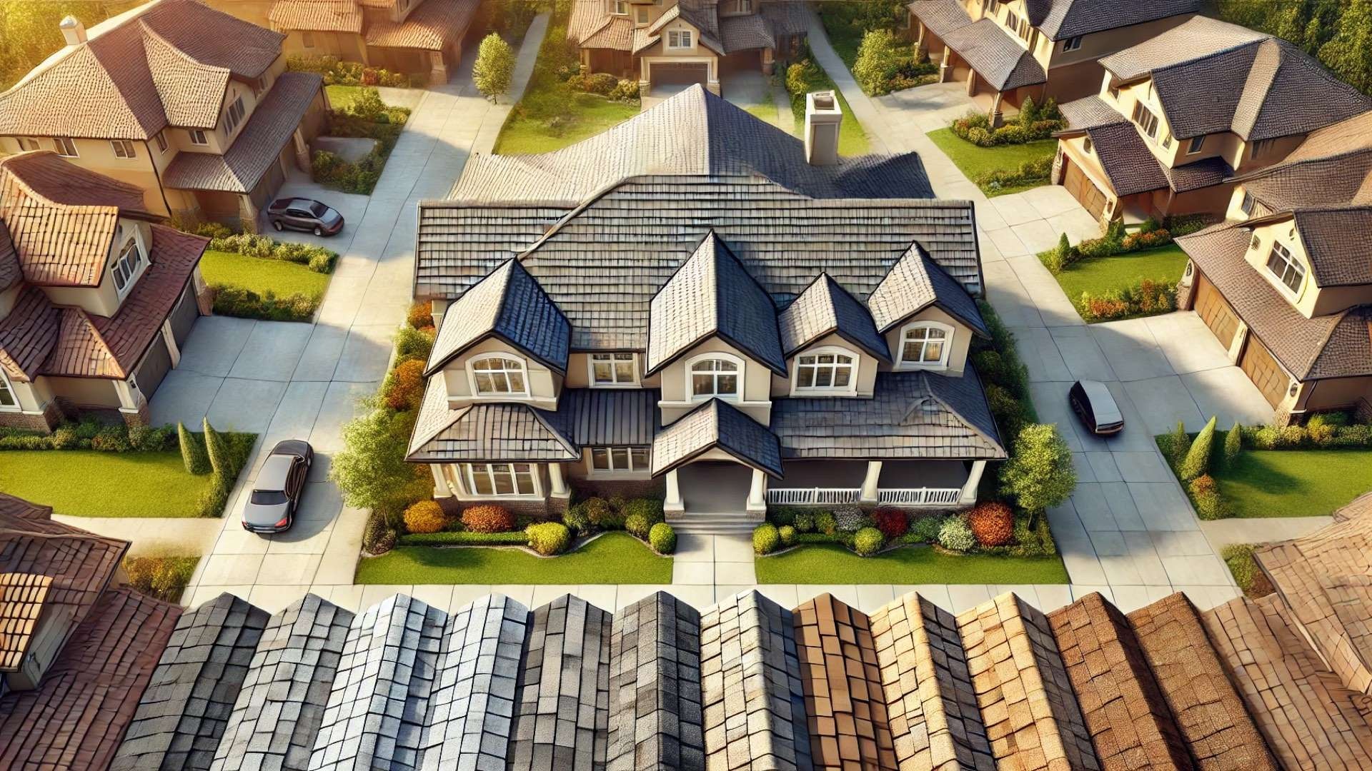Close architectural view of a luxury home roof emphasizing multiple shingle types through distinct roof sections and detailed foreground material samples, highlighting differences in texture, thickness, and craftsmanship.