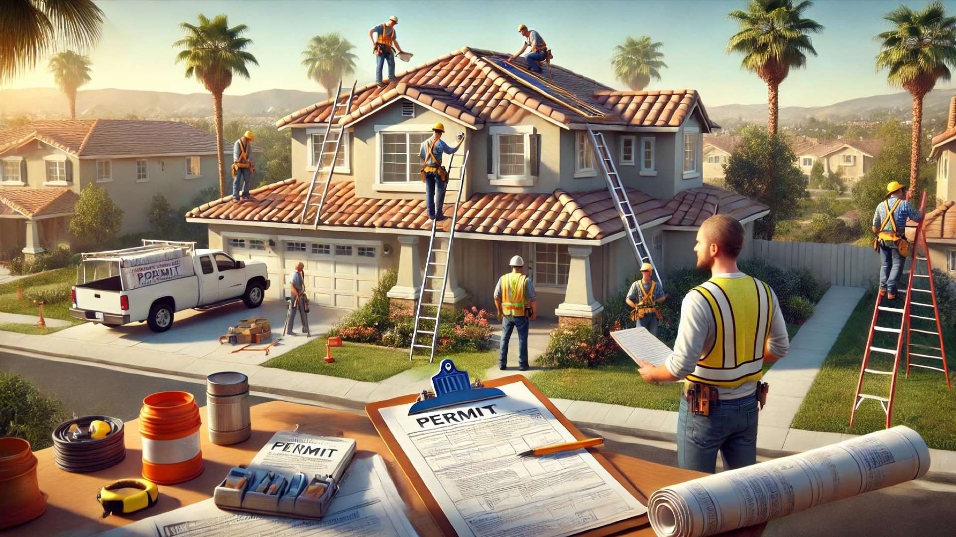 California suburban home undergoing roof replacement with workers on ladders and roof, while an inspector reviews documents and plans in the foreground under warm sunlight and palm trees.