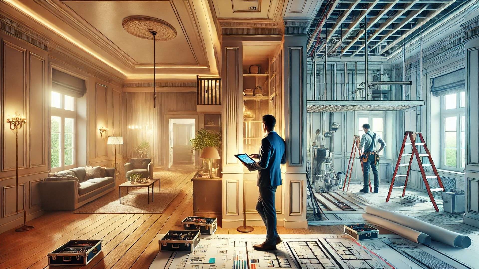 cinematic view of a home renovation in progress, with a clear contrast between the completed and under-construction areas