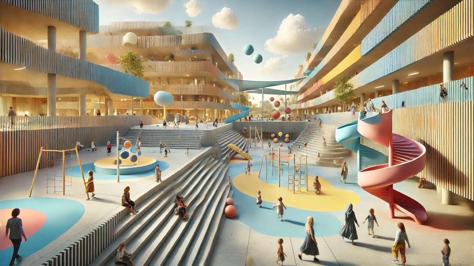 Multi-level public space with flowing terraces, steps, and ramps where children play on colorful structures, adults sit and walk, and older people gather in open seating areas under soft daylight.