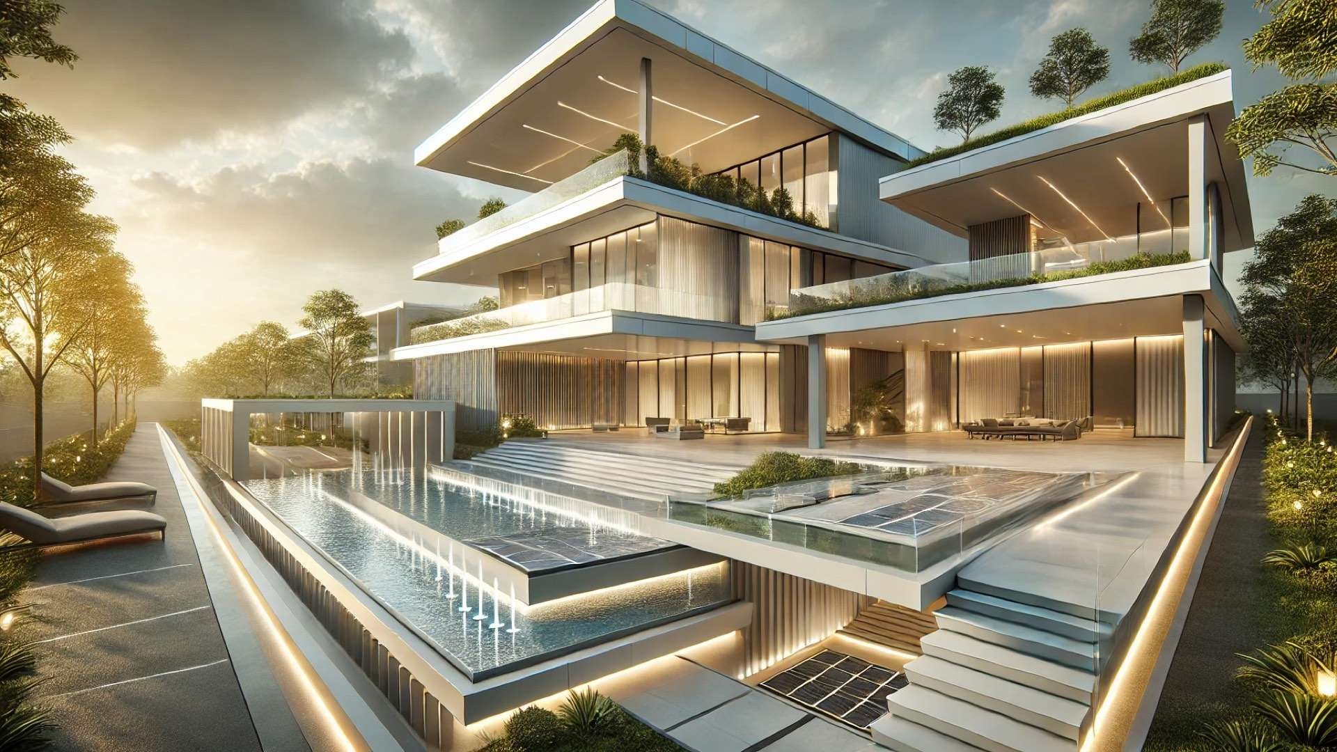 Modern low-slope architectural complex with rooftop gardens, integrated solar elements, and partially exposed TPO roof assembly details illuminated by warm evening sunlight.