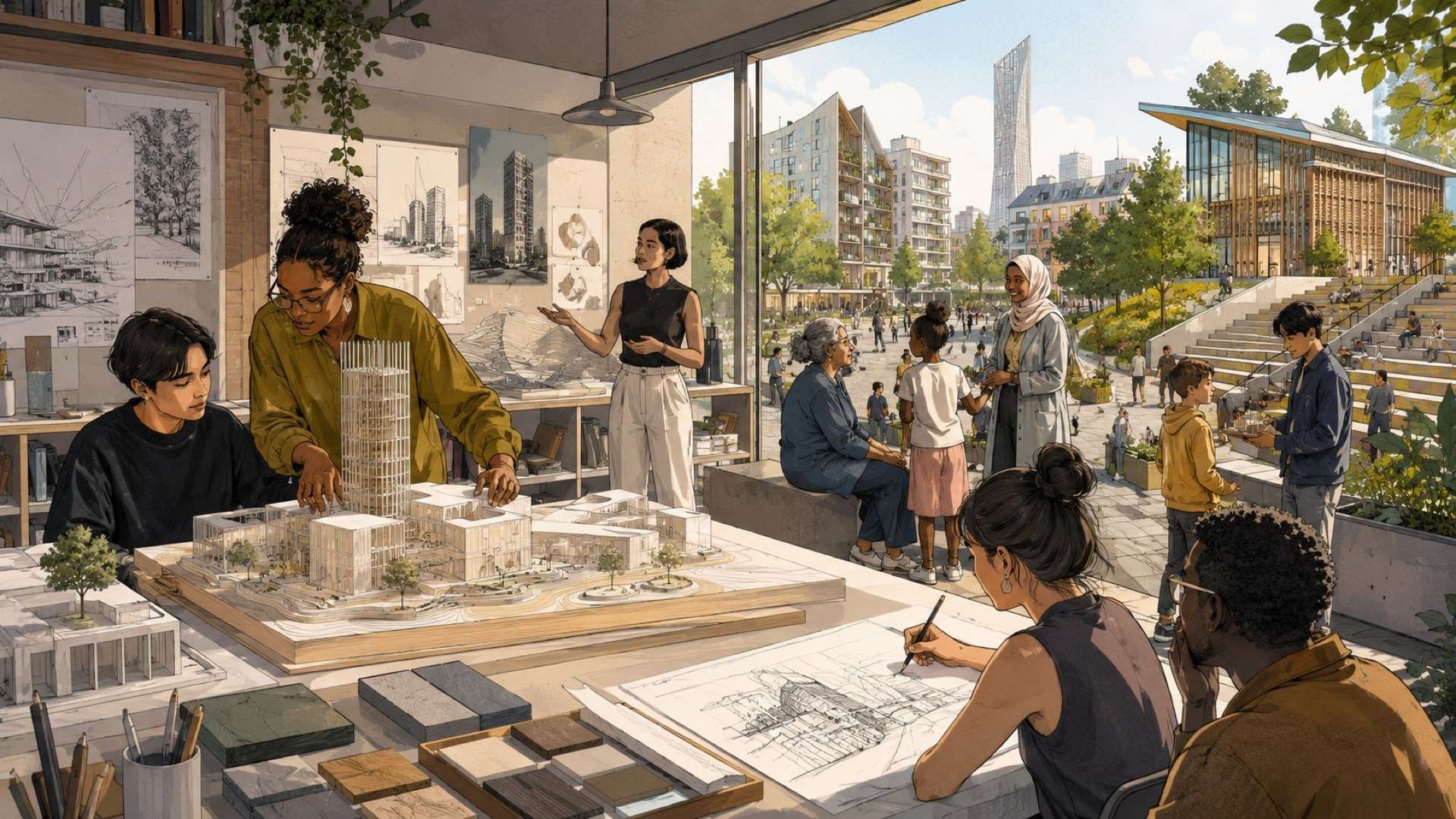 Emerging architects collaborate around models and drawings while a diverse community gathers outside, reflecting mentorship, inclusive design, and civic-minded architecture.