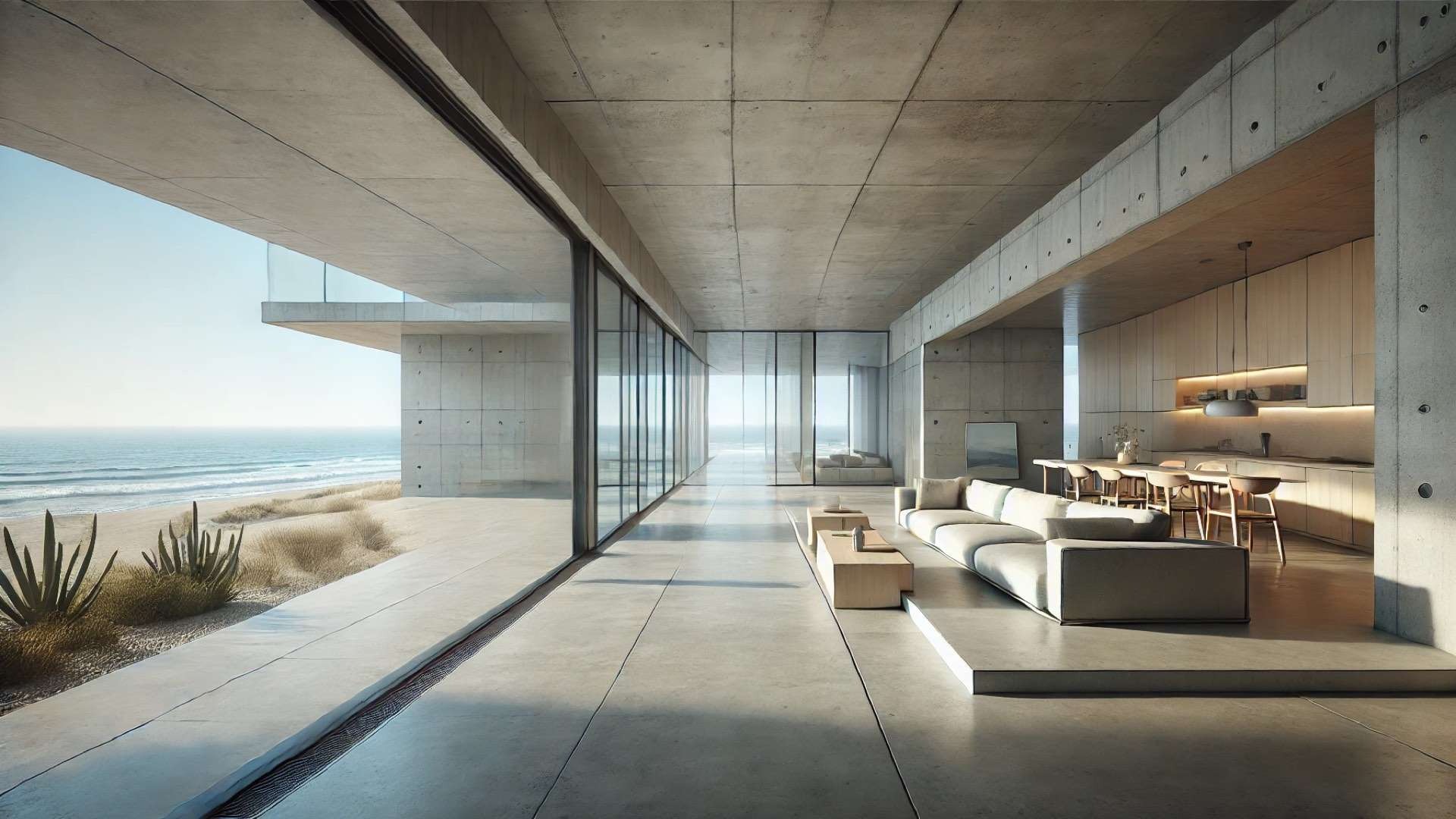 modern concrete beach house, showcasing a serene, minimalist design and strong indoor-outdoor connection to the ocean