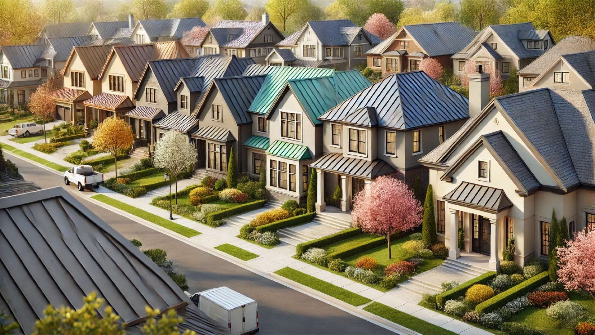 Springtime suburban neighborhood featuring elegant homes with varied metal roof colors and styles surrounded by blooming trees and landscaped gardens.