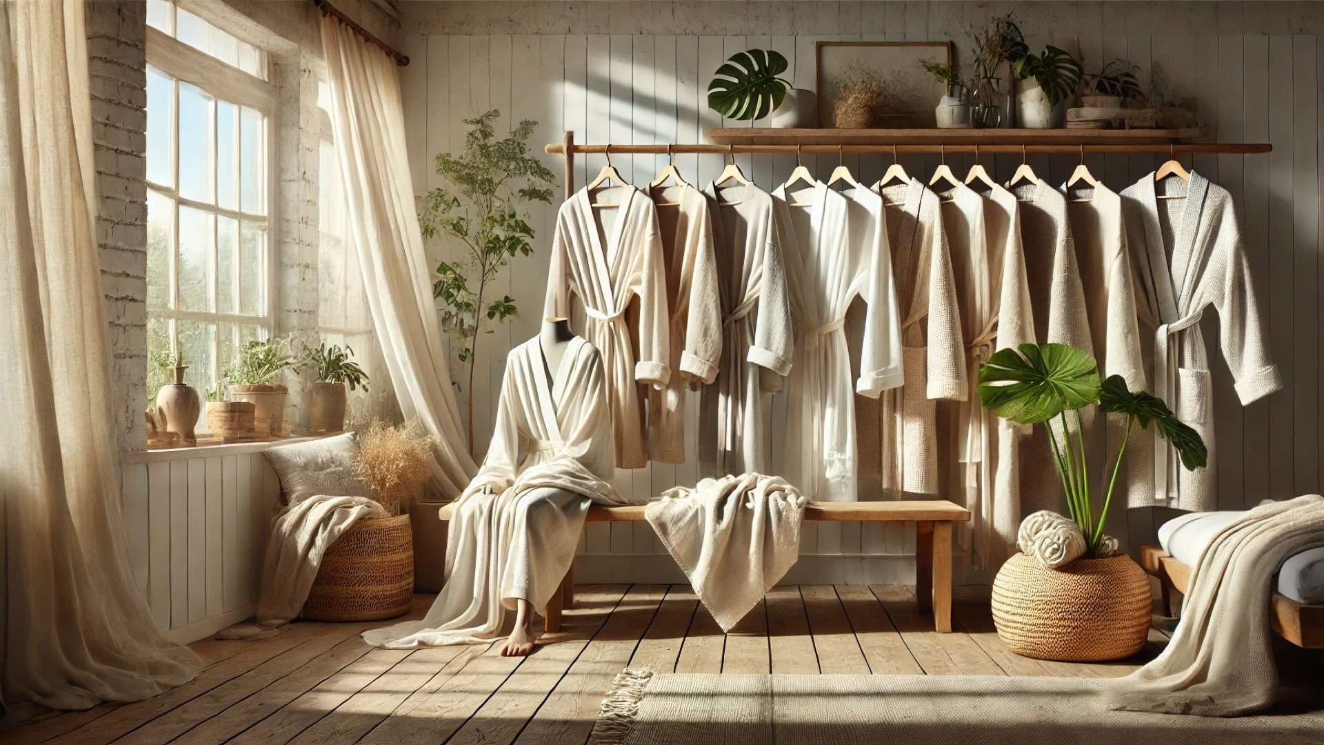 capturing the serene, sustainable luxury of eco-conscious robes in a warm and inviting interior