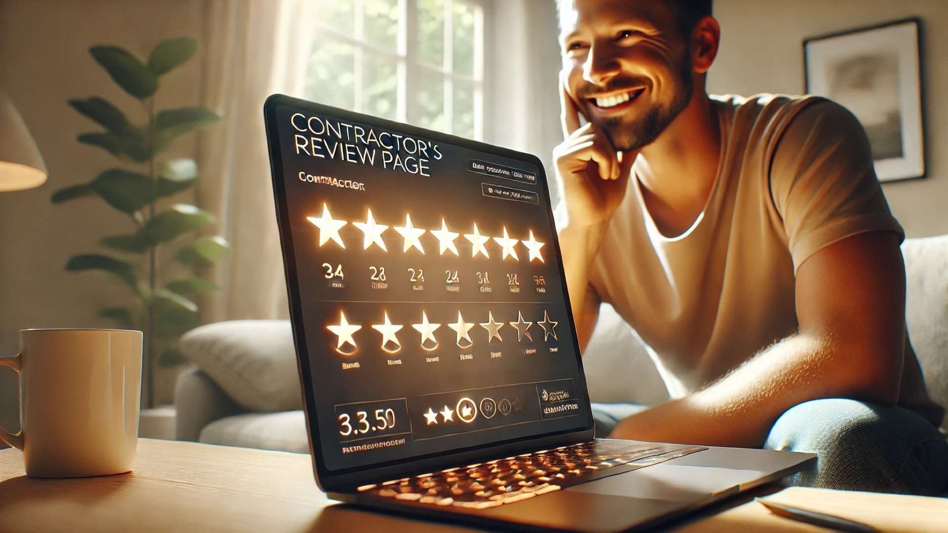 A homeowner smiles while reading a contractor’s glowing online reviews displayed on a laptop screen.