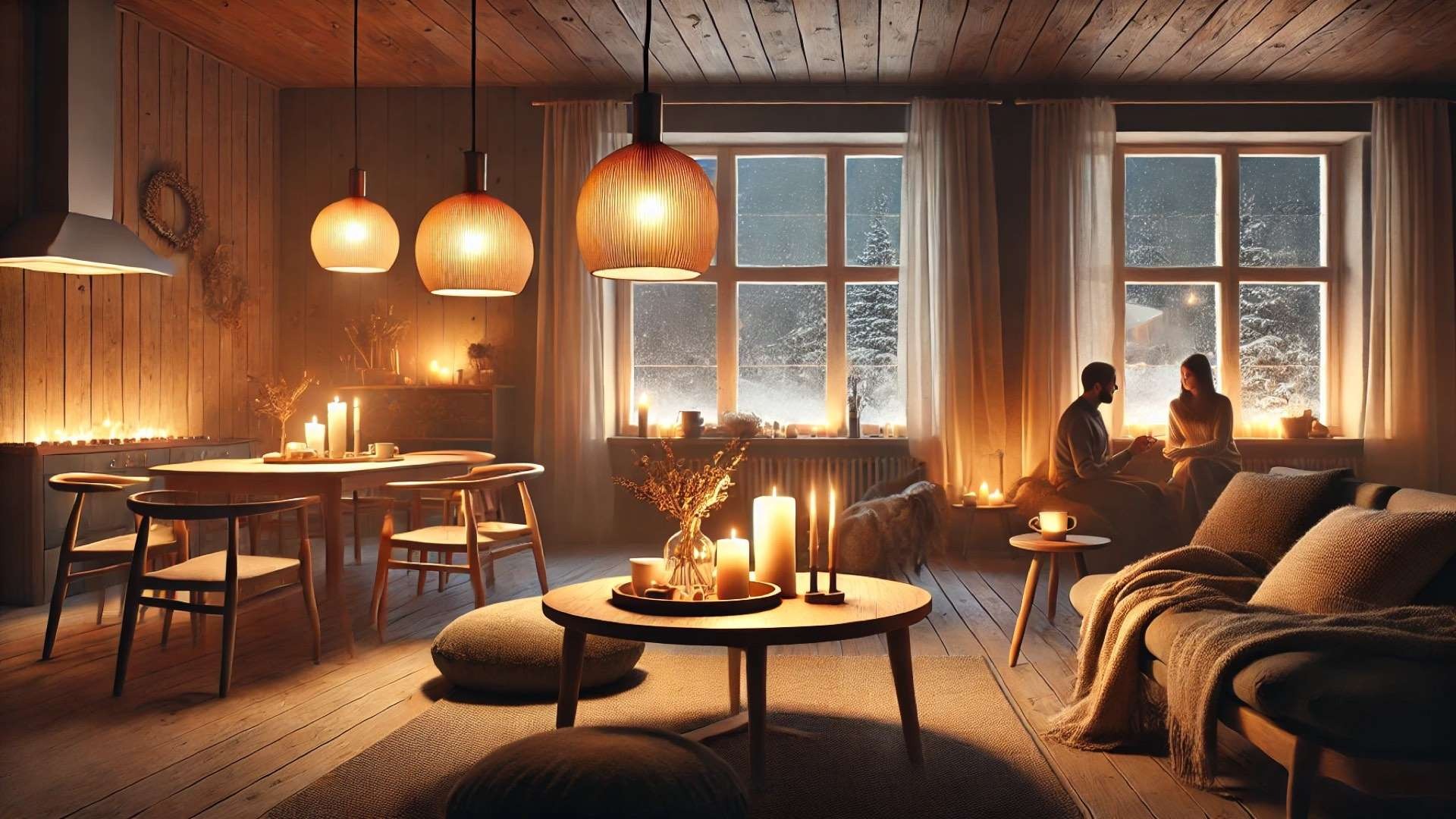 Warm Scandinavian living room at night with layered amber lighting, candles, wooden furniture, wool blankets, and a couple sitting by a snowy window creating a cozy hygge atmosphere.
