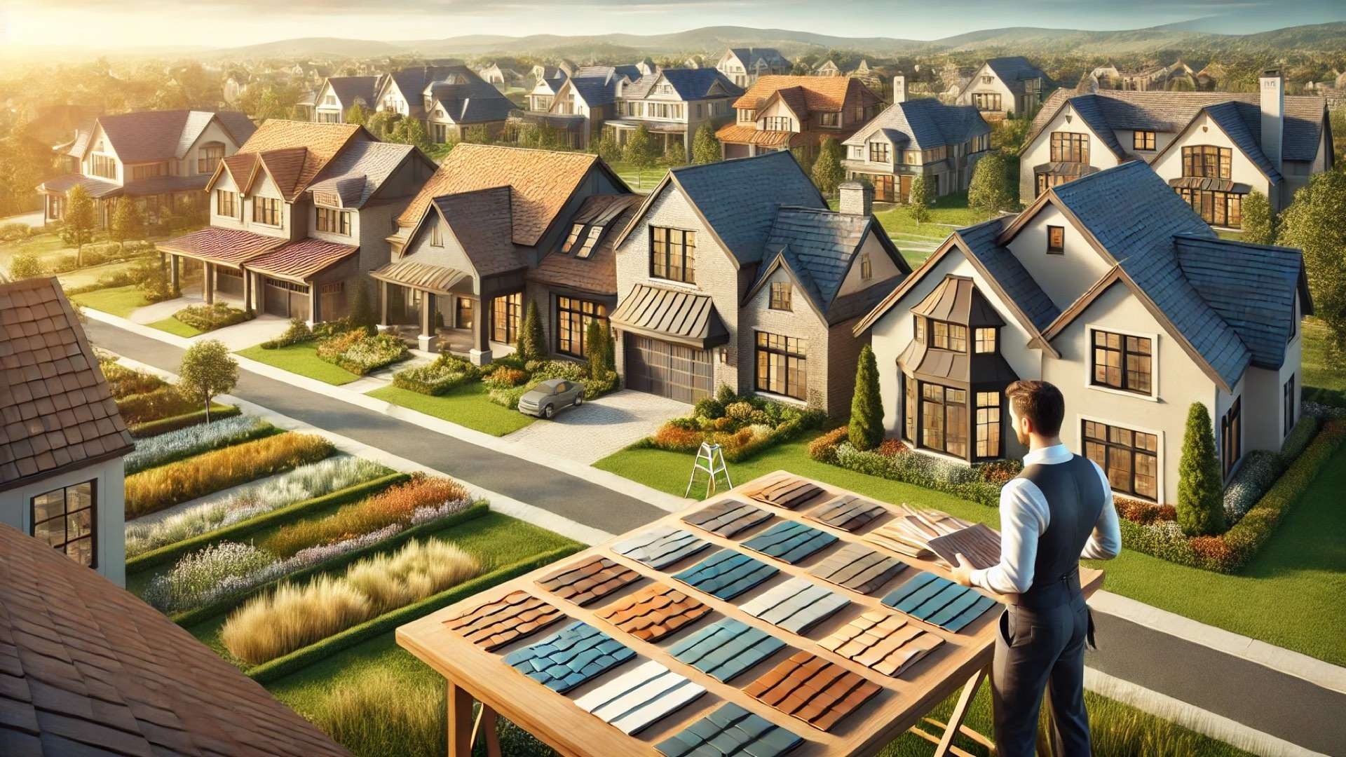 Upscale neighborhood with slate, terracotta, metal, and green roofs as a homeowner and contractor review roofing material samples in a landscaped residential setting.
