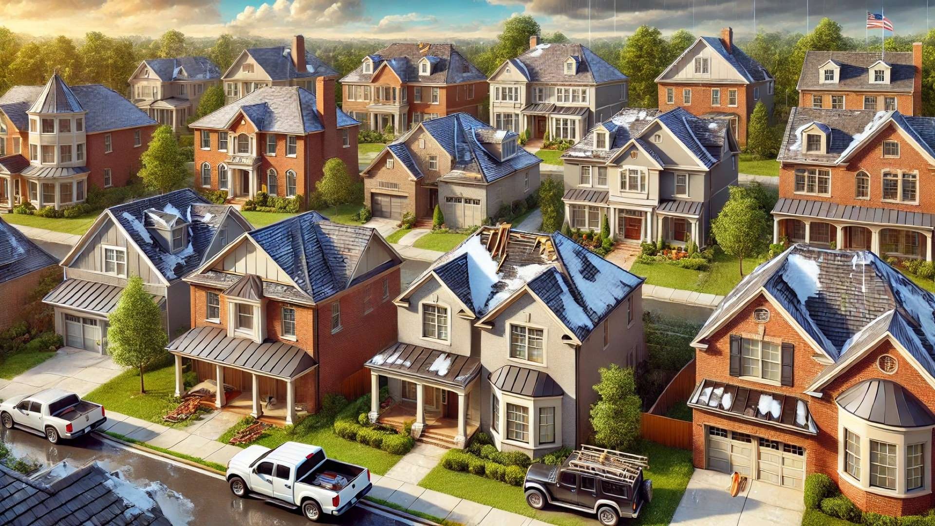 illustration showing roofing issues in upscale Nashville homes, set against the city's variable climate