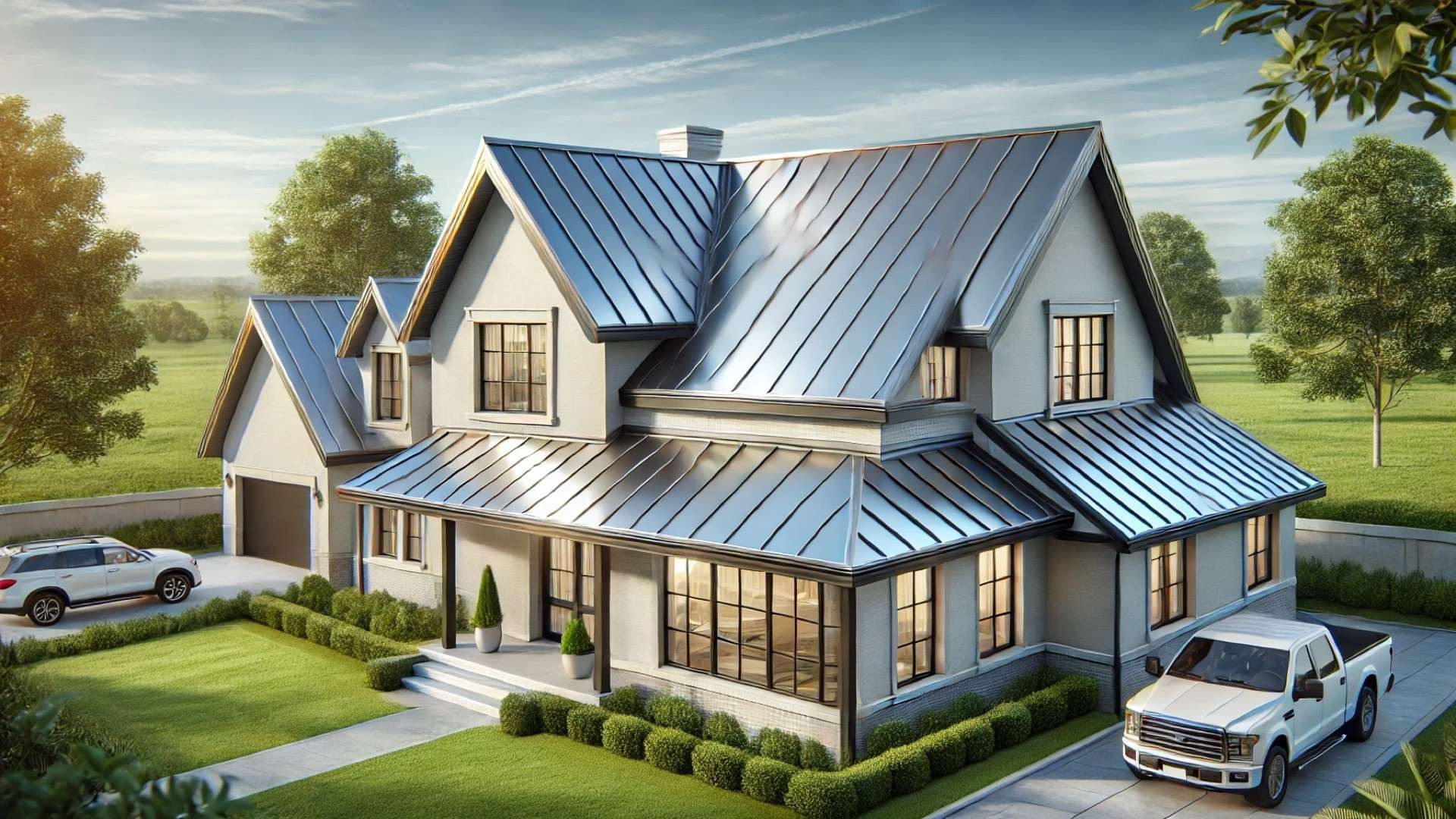 modern home with a newly installed metal roof, emphasizing its sleek reflective surface, craftsmanship, and upscale architectural detailing in a bright suburban setting