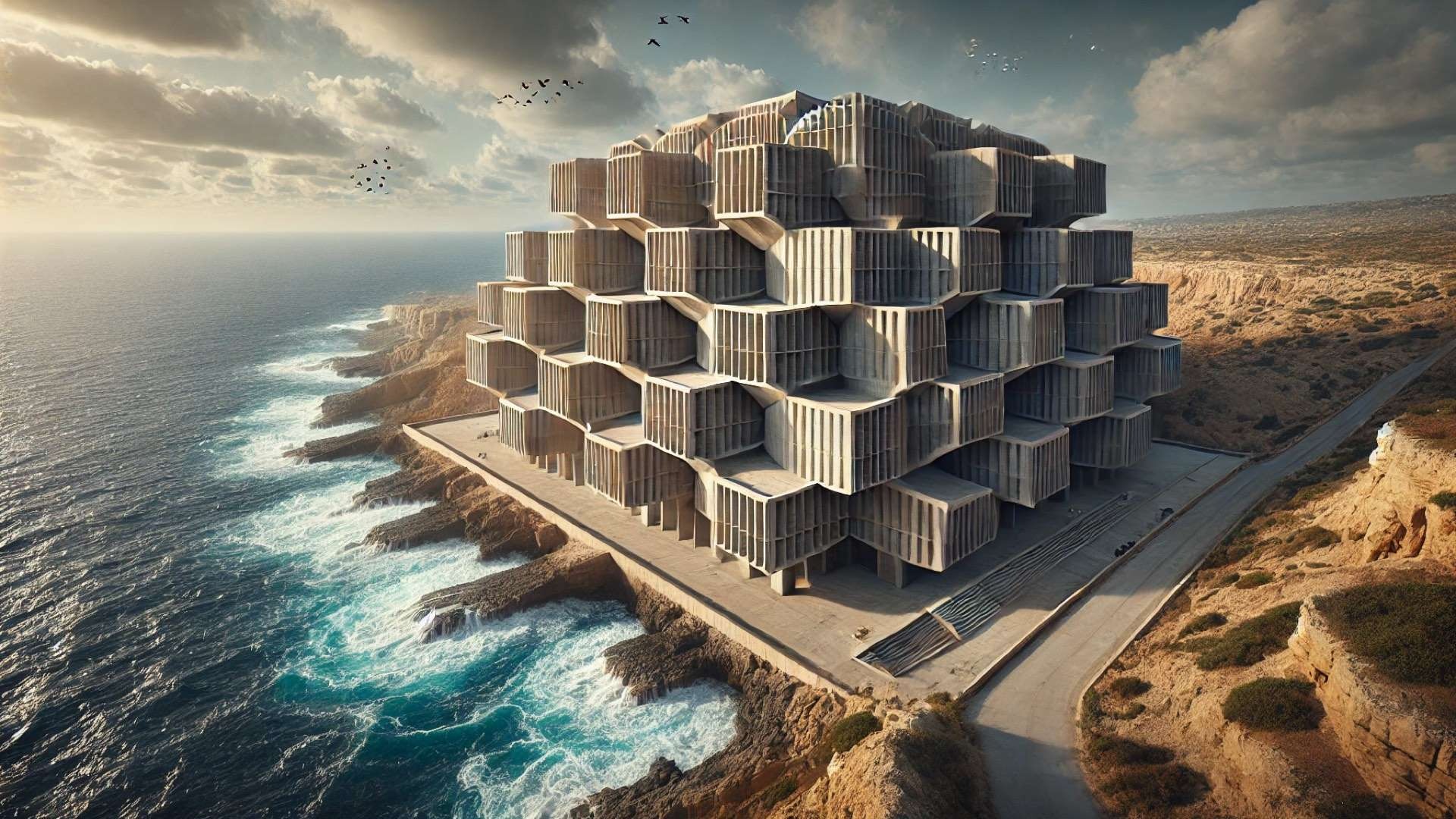 Monumental modernist concrete research complex overlooking the Mediterranean Sea, composed of stacked geometric Brutalist modules on a coastal headland.