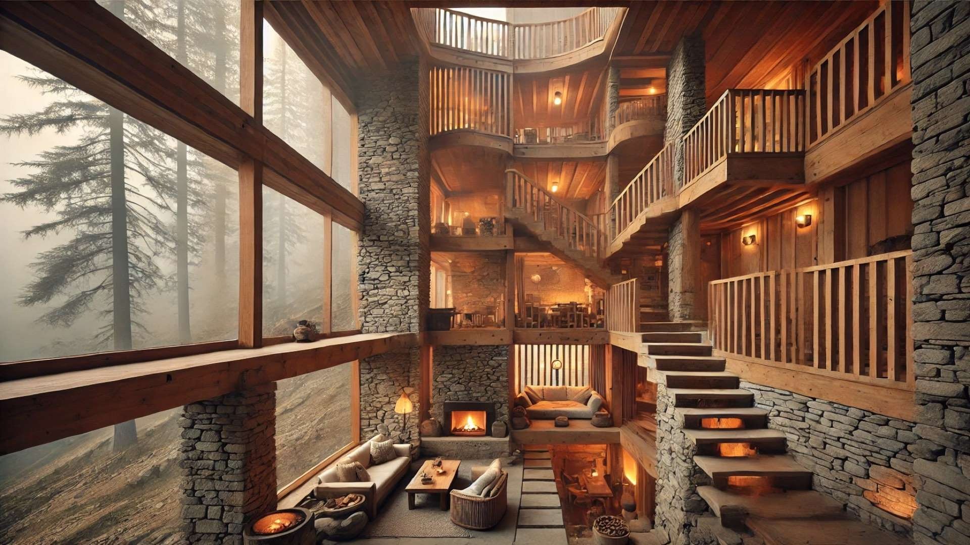 Warm stone-and-timber mountain interior with layered levels, fireplaces, and framed windows overlooking misty pine forests.