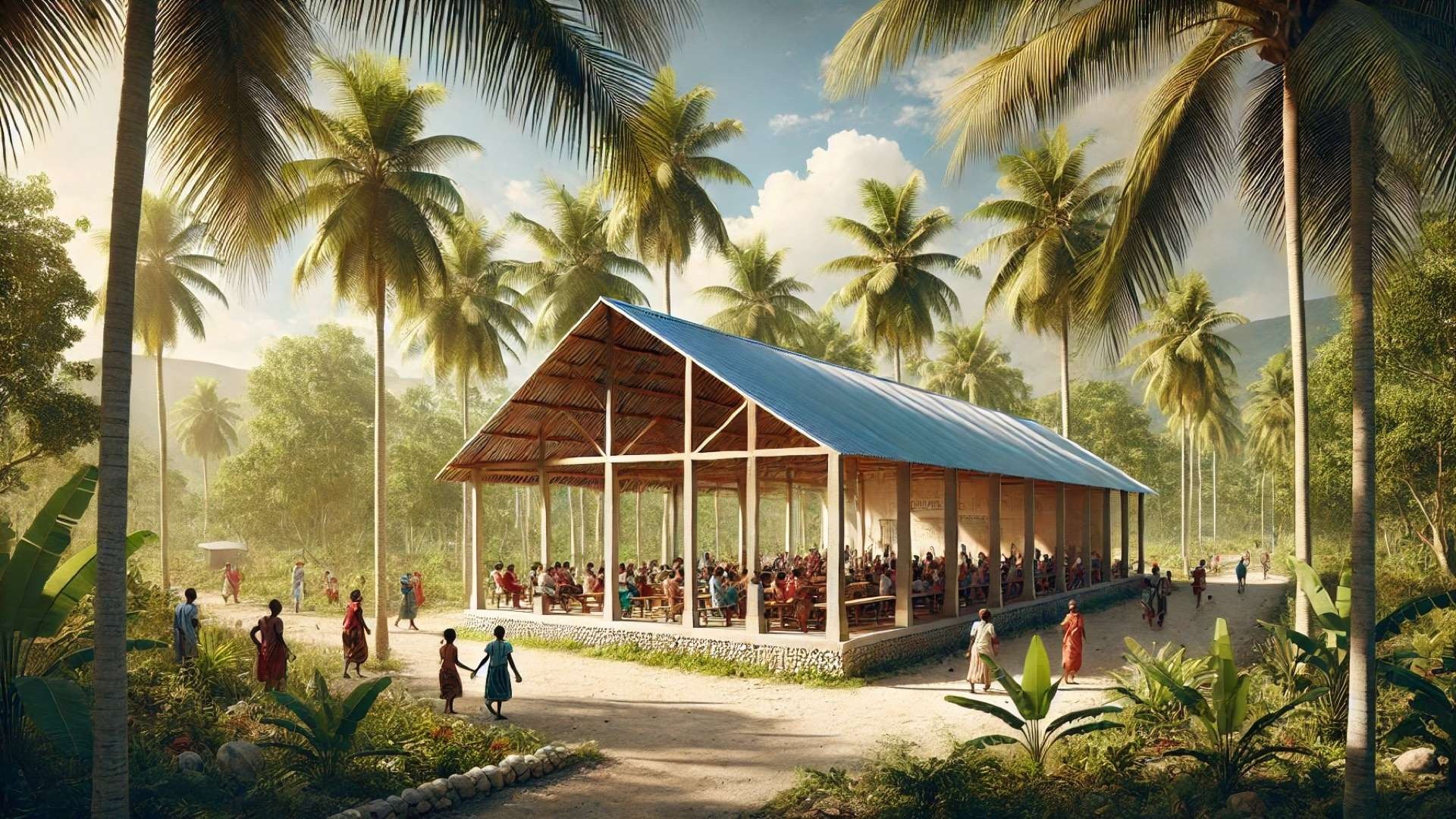Open-air community pavilion in a tropical Haitian landscape, with a metal roof and wooden structure, filled with people gathering under palm trees.