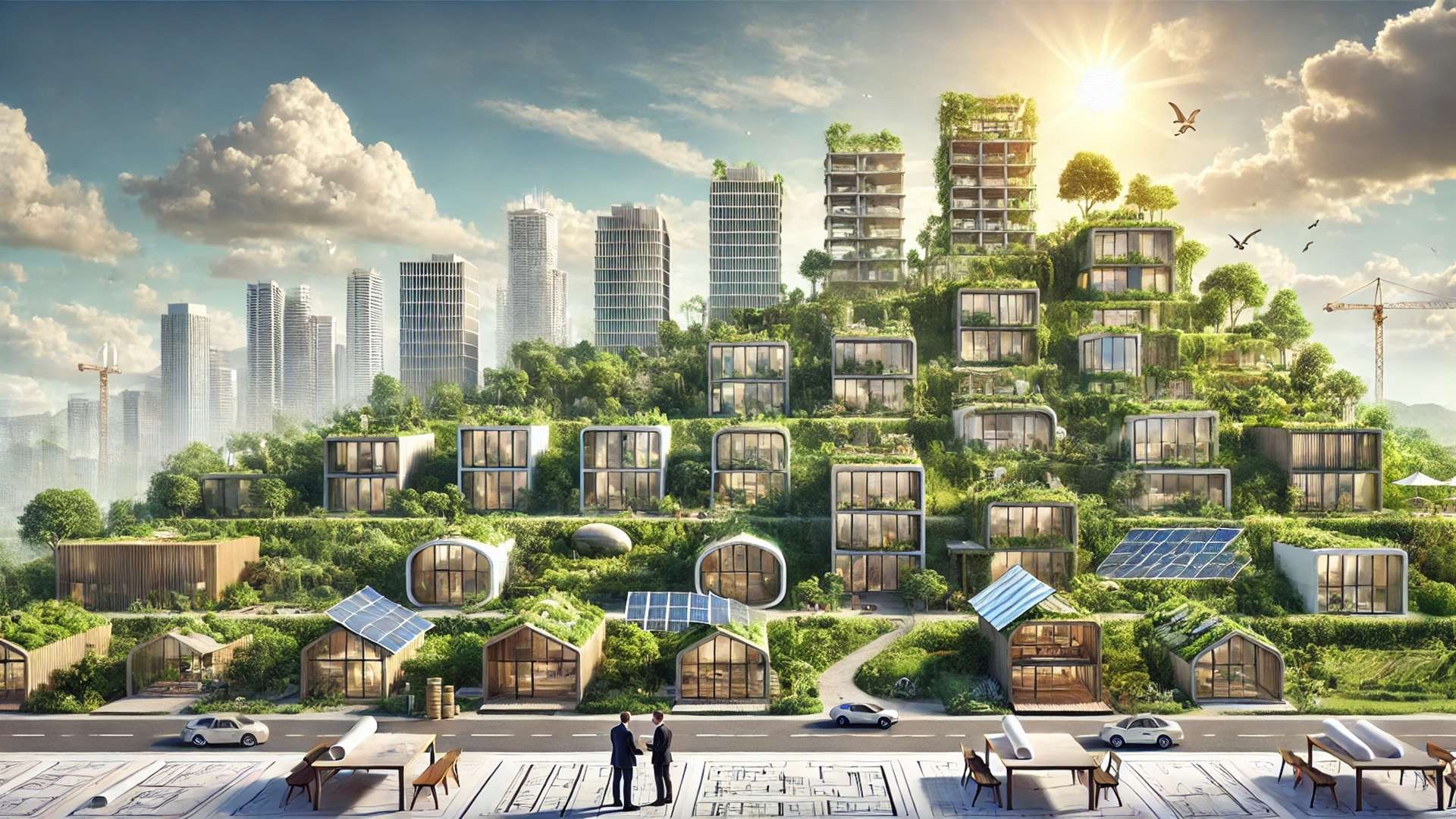 Series of increasingly green residential buildings arranged along a hillside, with architects reviewing plans in the foreground under a shifting sky.
