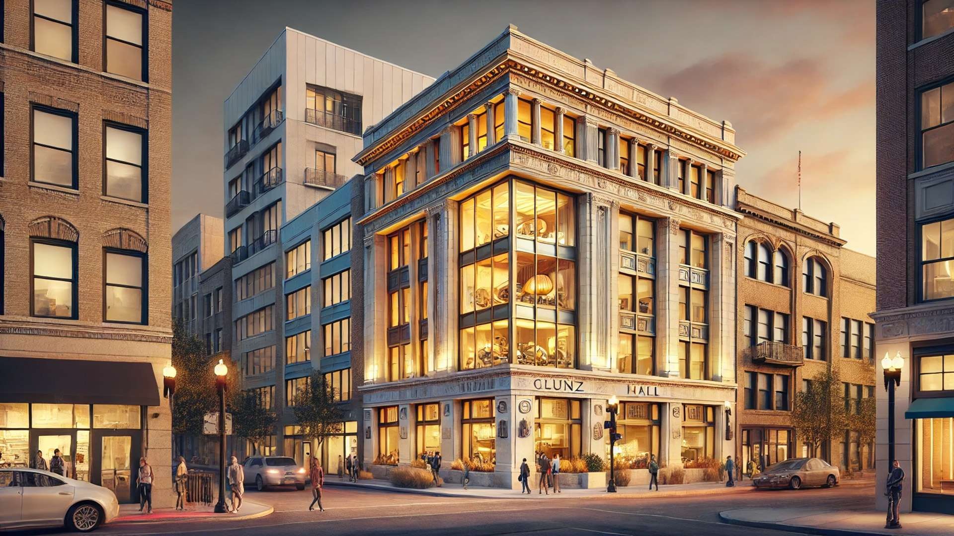 Glunz Hall in downtown Elgin — showcasing its adaptive reuse design that merges mid-century architecture with modern living and learning spaces for architecture students