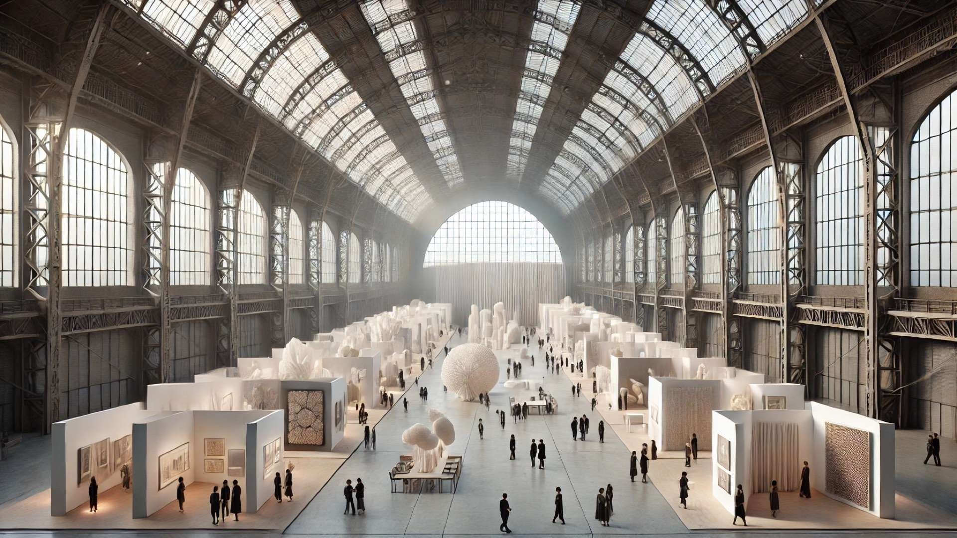 Wide interior of a historic aircraft hangar transformed into a contemporary art fair, with rows of minimalist white exhibition booths displaying sculptural paper artworks beneath a large arched glass roof.