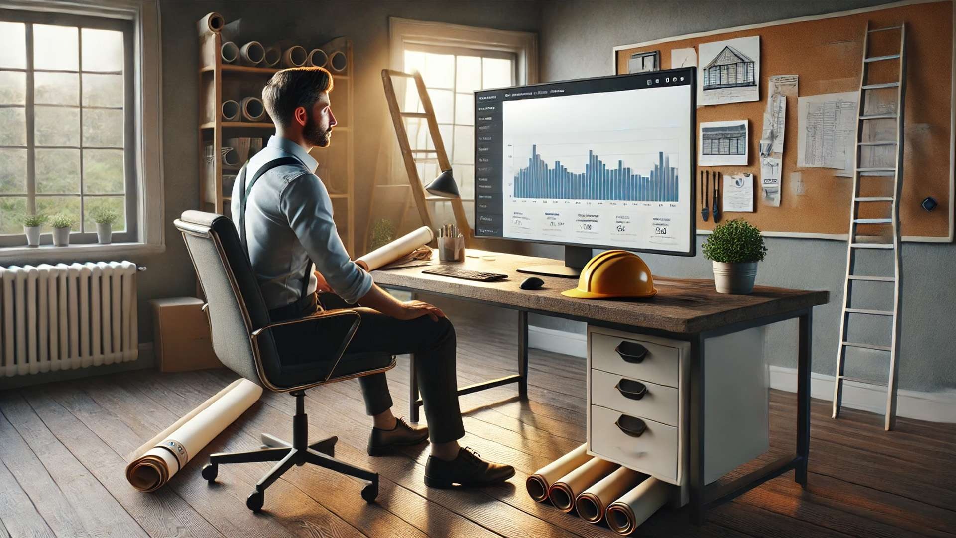 Roofing contractor reviewing website analytics in an office with plans, ladder, and hardhat, illustrating common roofing website mistakes that repel premium clients.