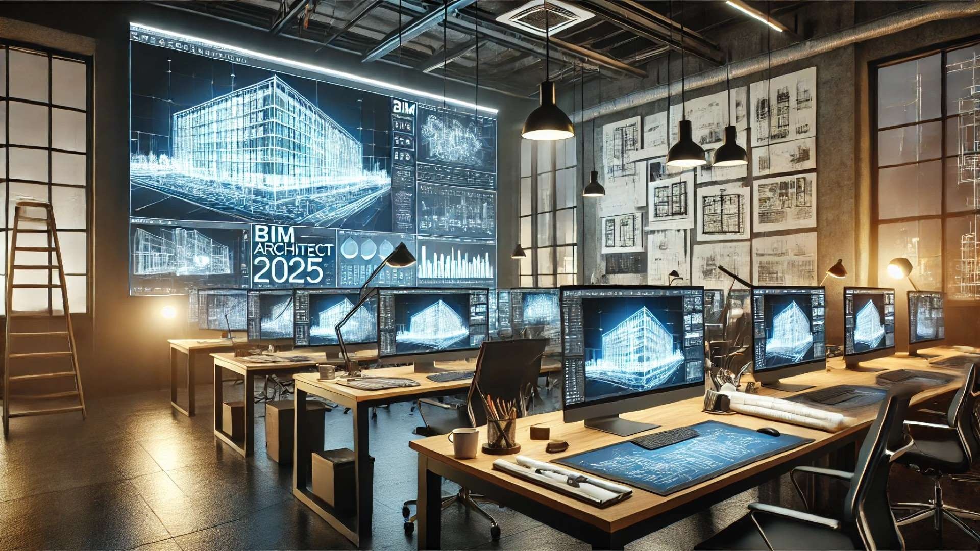 depicting a modern architectural design studio inspired by the innovation and workflow of Vectorworks Architect 2025