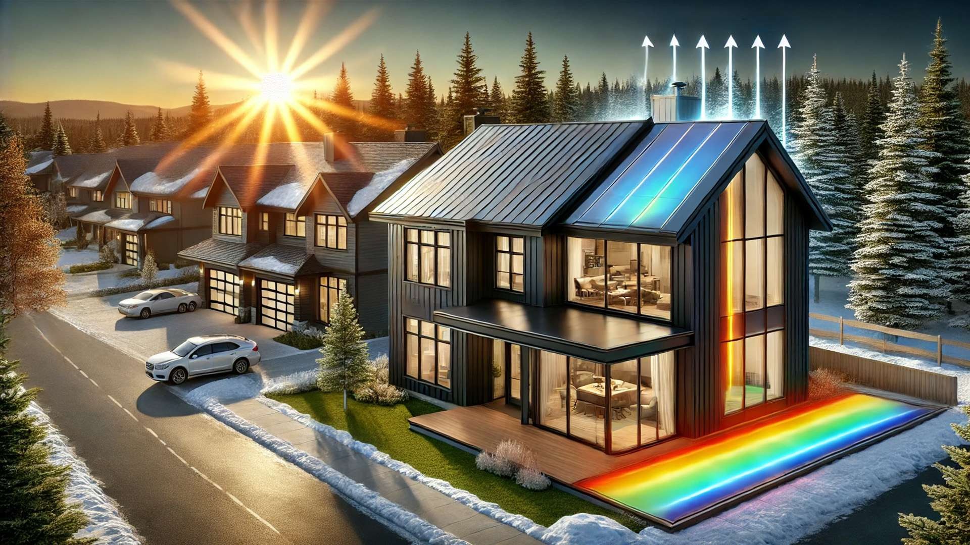 Contemporary house with a reflective metal roof emitting heat upward under bright sun, illustrating cooling performance compared to nearby homes in a winter landscape.