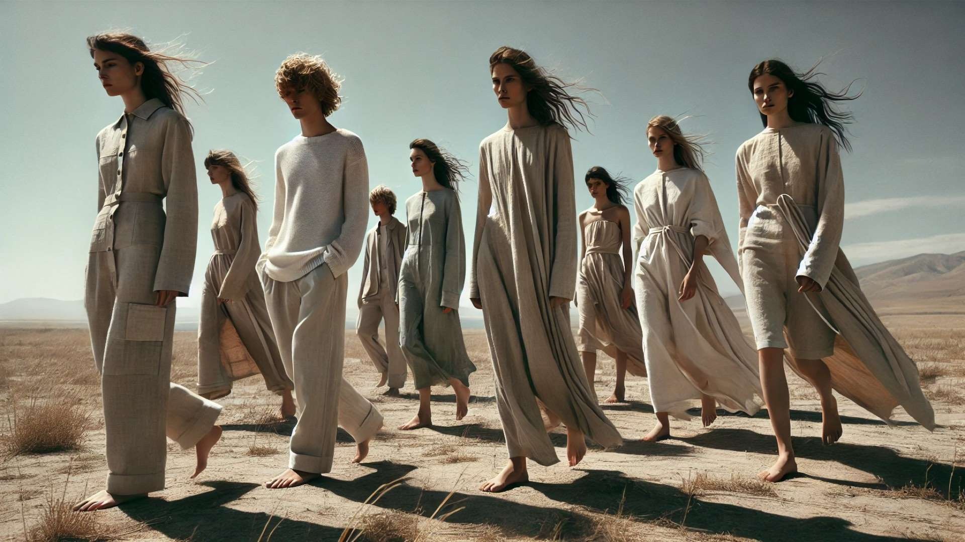 Models in minimalist, earth-toned clothing moving across a dry open landscape, their loose garments and hair blown by the wind, conveying a calm, sustainable fashion aesthetic.