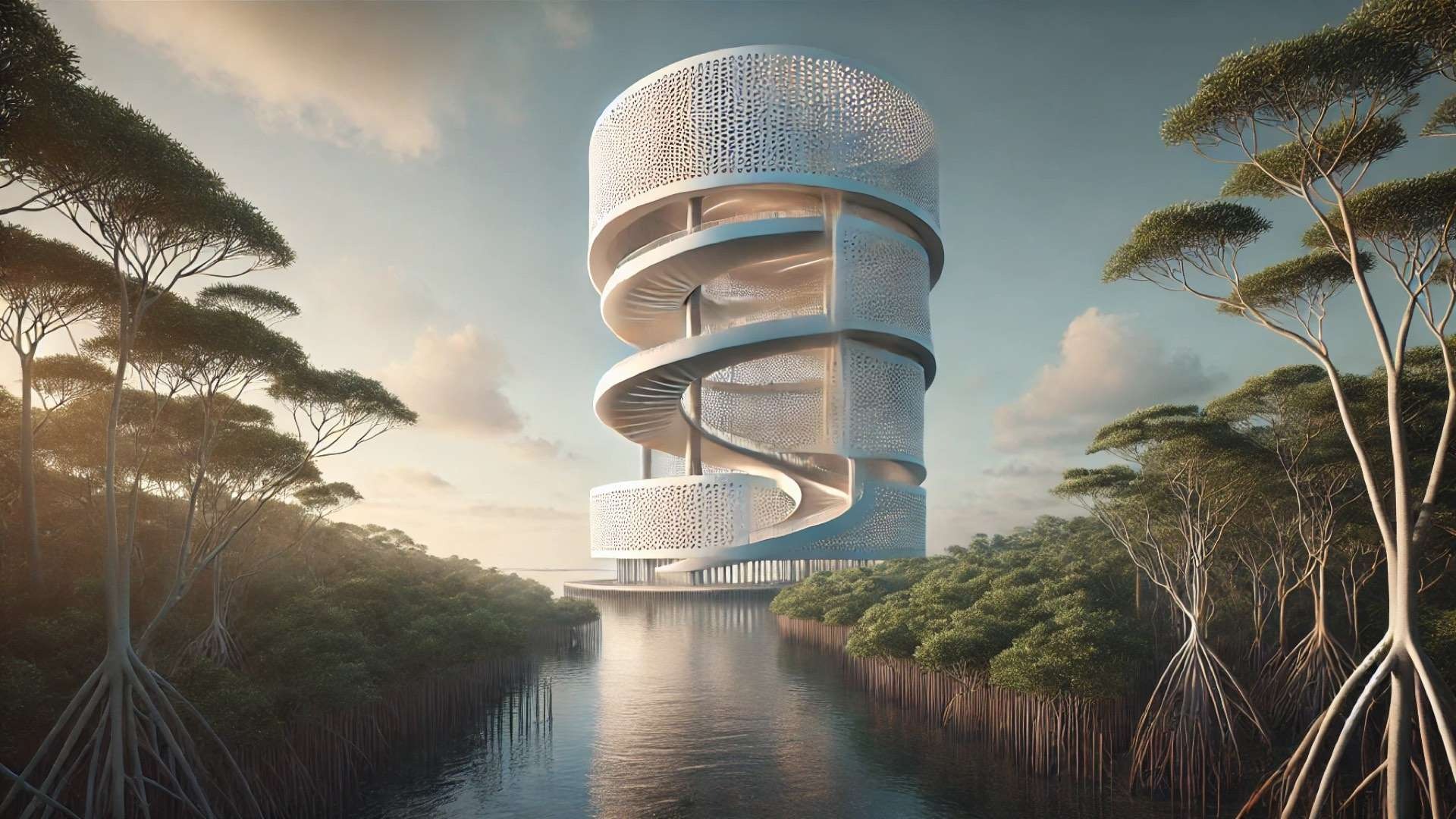 Lunar Tower nestled within Hainan's mangrove reserve—highlighting its elegant, eco-integrated design and harmonious interaction with the natural landscape
