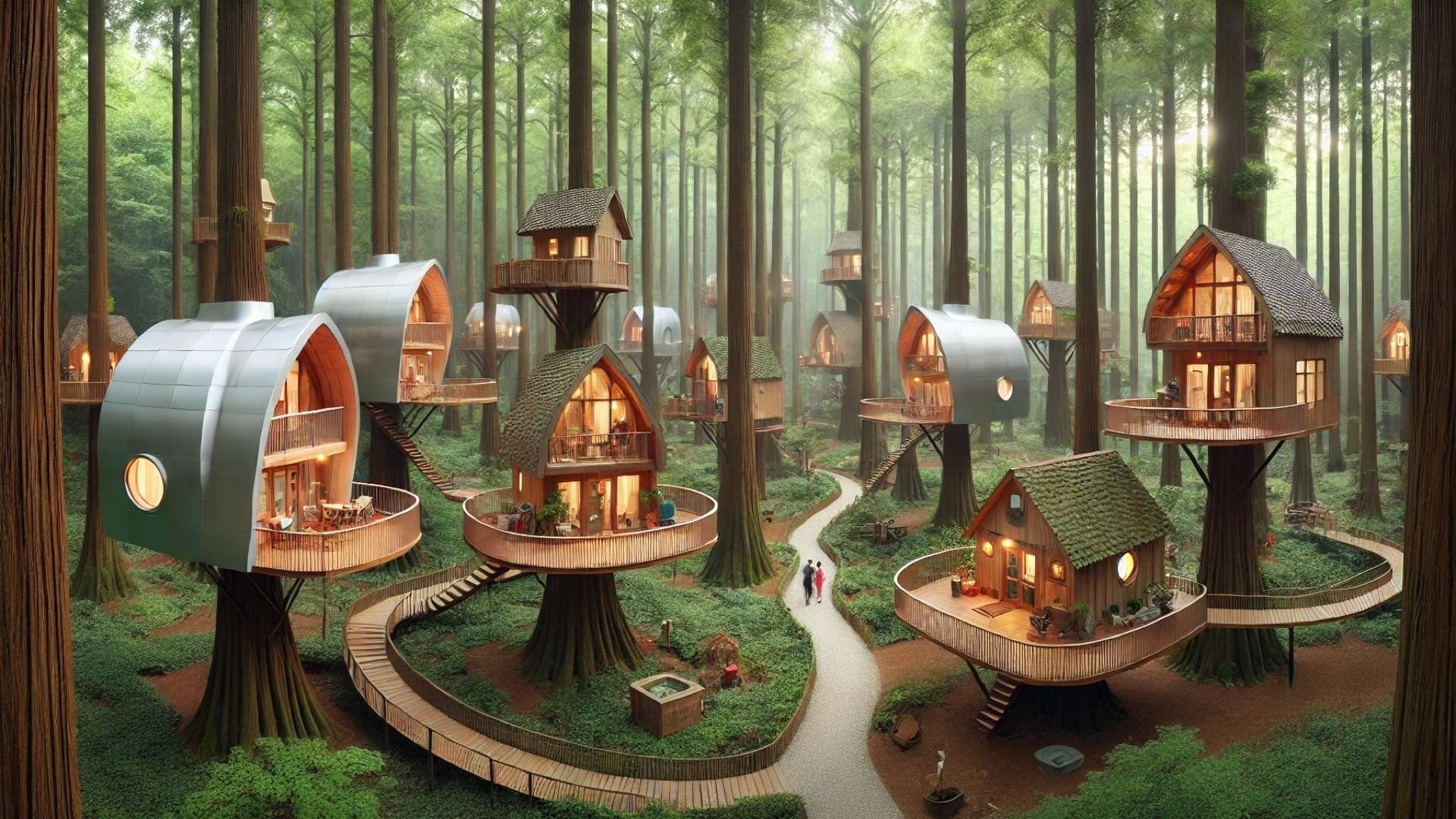 illustrated interpretation of the Merryda Wiki World-Secret Camp, capturing the forest retreat's unique treehouses and immersive natural setting