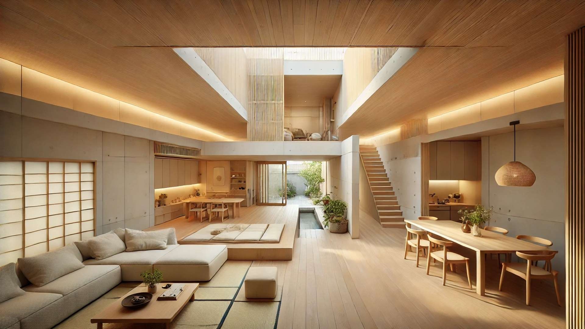 Layered Japanese interior with open living, dining, and kitchen zones, tatami seating area, warm wood ceilings, and courtyard light filtering through the central space.