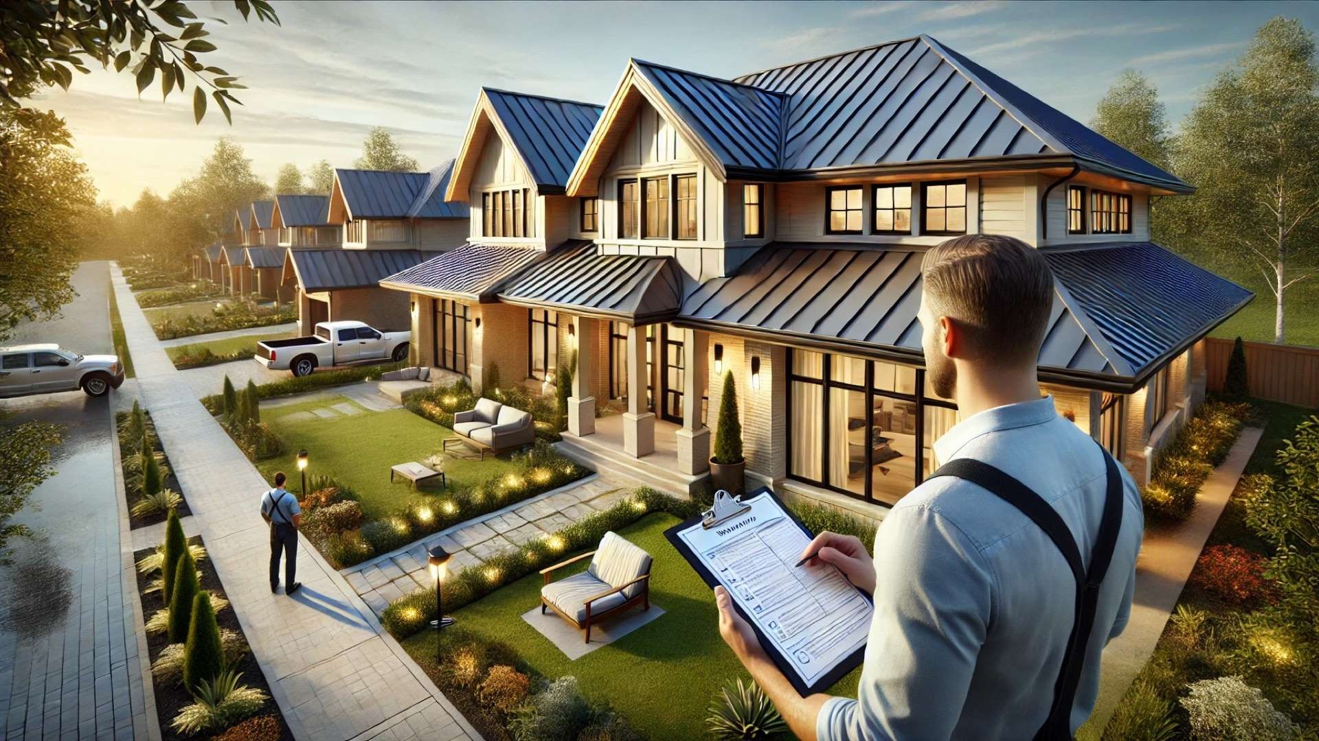 high-end home with a newly installed metal roof, emphasizing quality, warranty, and professional craftsmanship