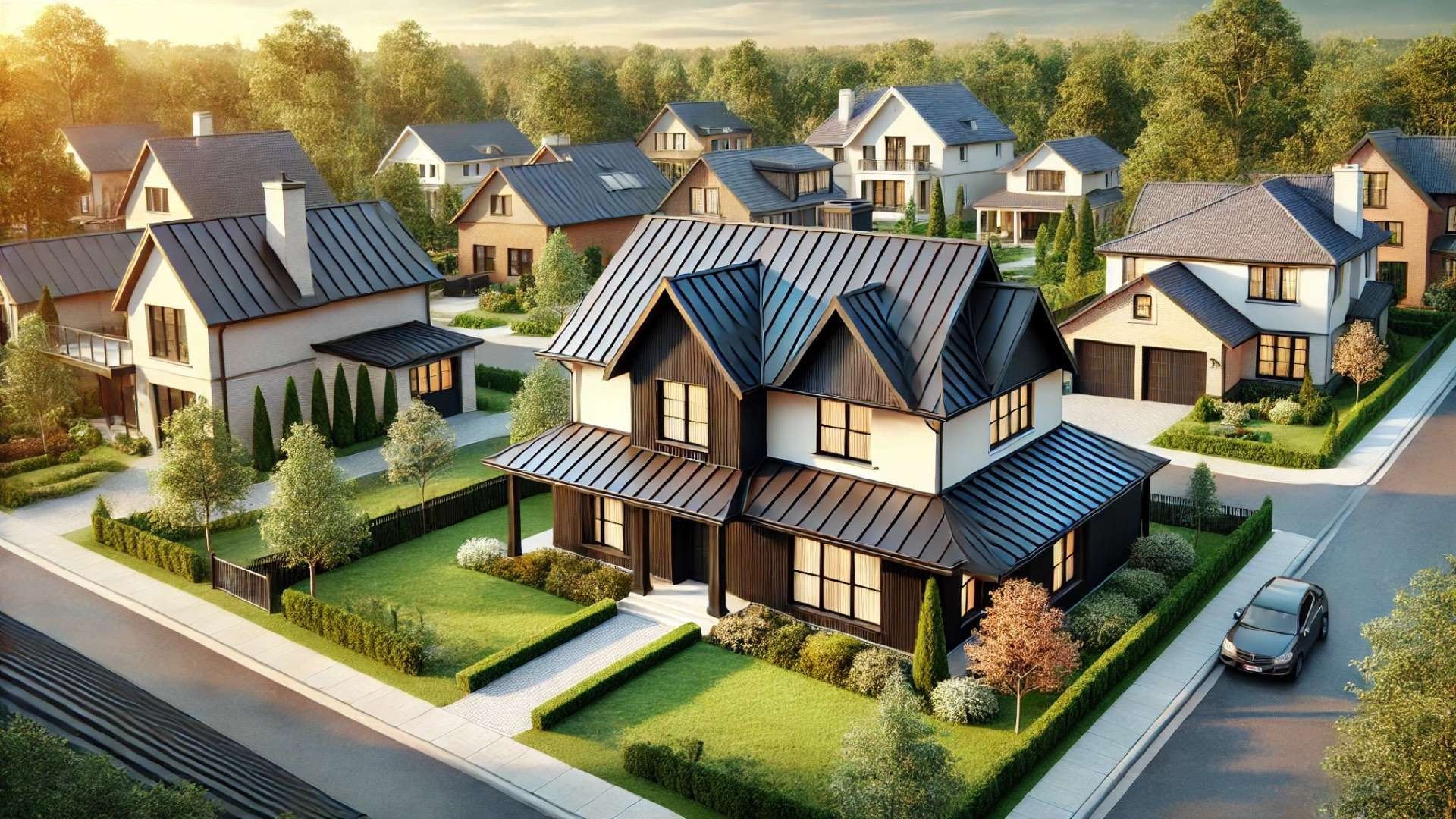 Upscale residential neighborhood featuring modern homes with sleek black metal roofs that contrast with light walls and landscaped gardens, highlighting contemporary curb appeal and durability.